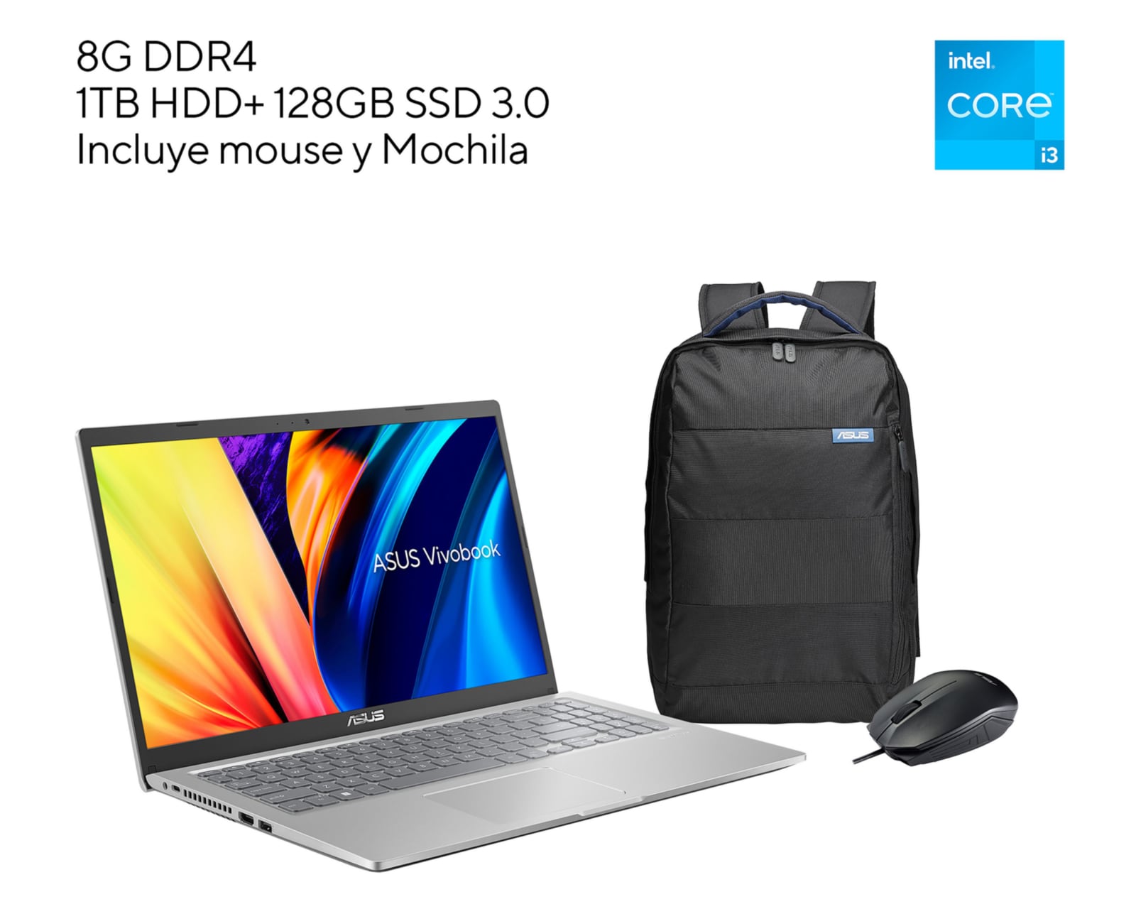 Foto 9 | Foto 9 | Laptop ASUS Vivobook 15.6" Windows 11 Intel Core i3 8 GB RAM 1 TB HDD + 128 GB SSD Plata + Mochila y Mouse