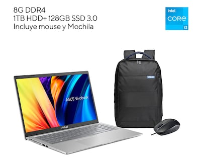Foto 9 | Foto 9 | Laptop ASUS Vivobook 15.6" Windows 11 Intel Core i3 8 GB RAM 1 TB HDD + 128 GB SSD Plata + Mochila y Mouse