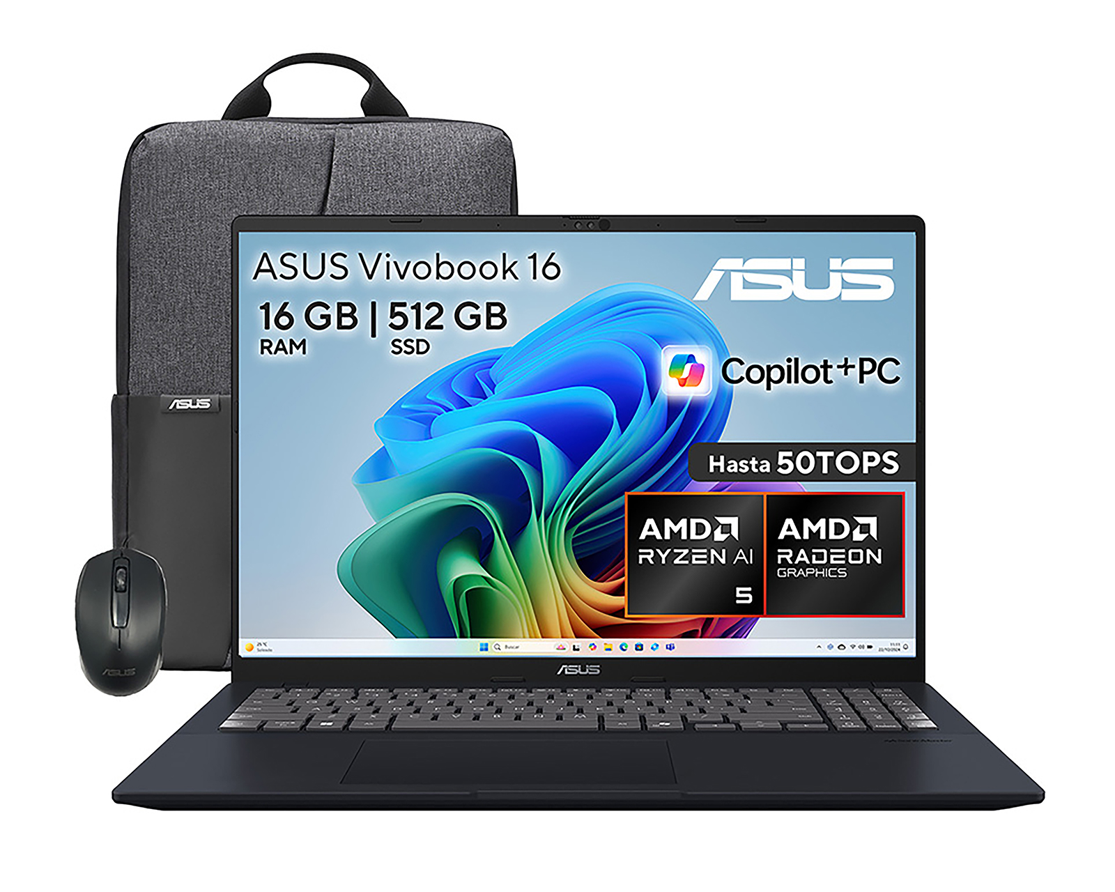 Laptop Asus Vivobook 16 de 16 Pulgadas Windows 11 AMD Ryzen AI 5 16 GB RAM 512 GB SSD Negra con Mochila y Mouse