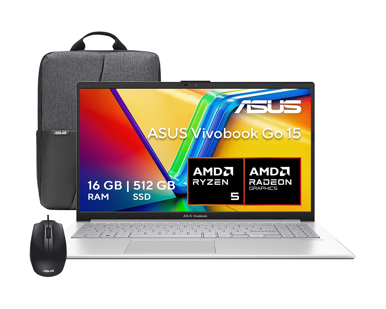Laptop Asus Vivobook Go 15.6 Pulgadas Windows 11 Home AMD Ryzen 5 16 GB RAM 512 GB SSD Plateada + Mochila y Mouse