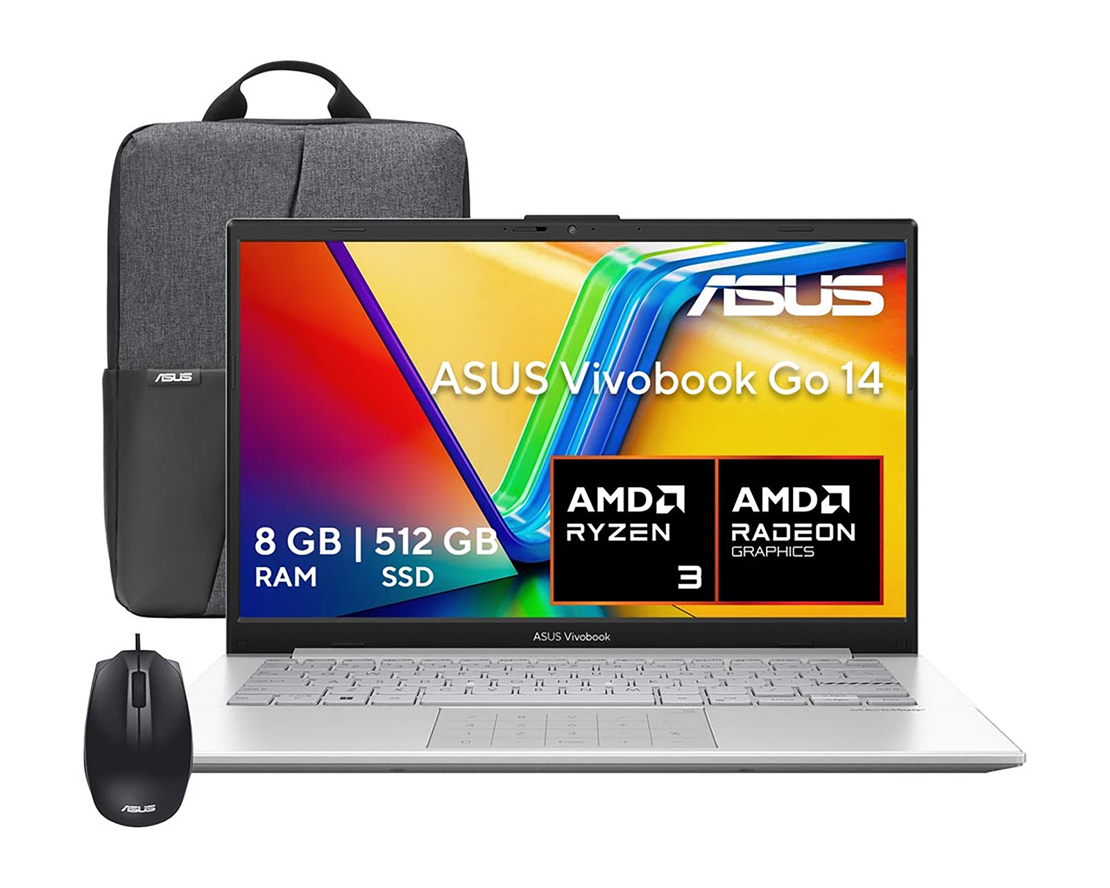 Laptop Asus Vivobook Go 14 Pulgadas Windows 11 Home AMD Ryzen 3 30 8 GB RAM 512 GB SSD Plateada + Mochila y Mouse