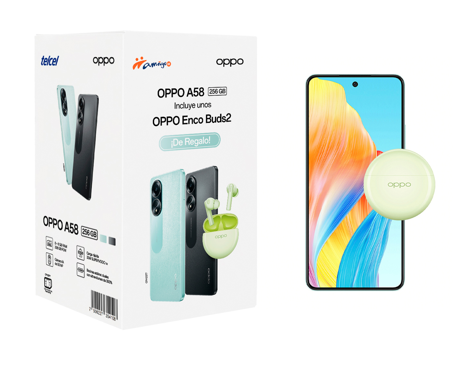 Foto 7 pulgar | Foto 6 | Telcel Oppo A58 256 GB Verde + Enco Buds2