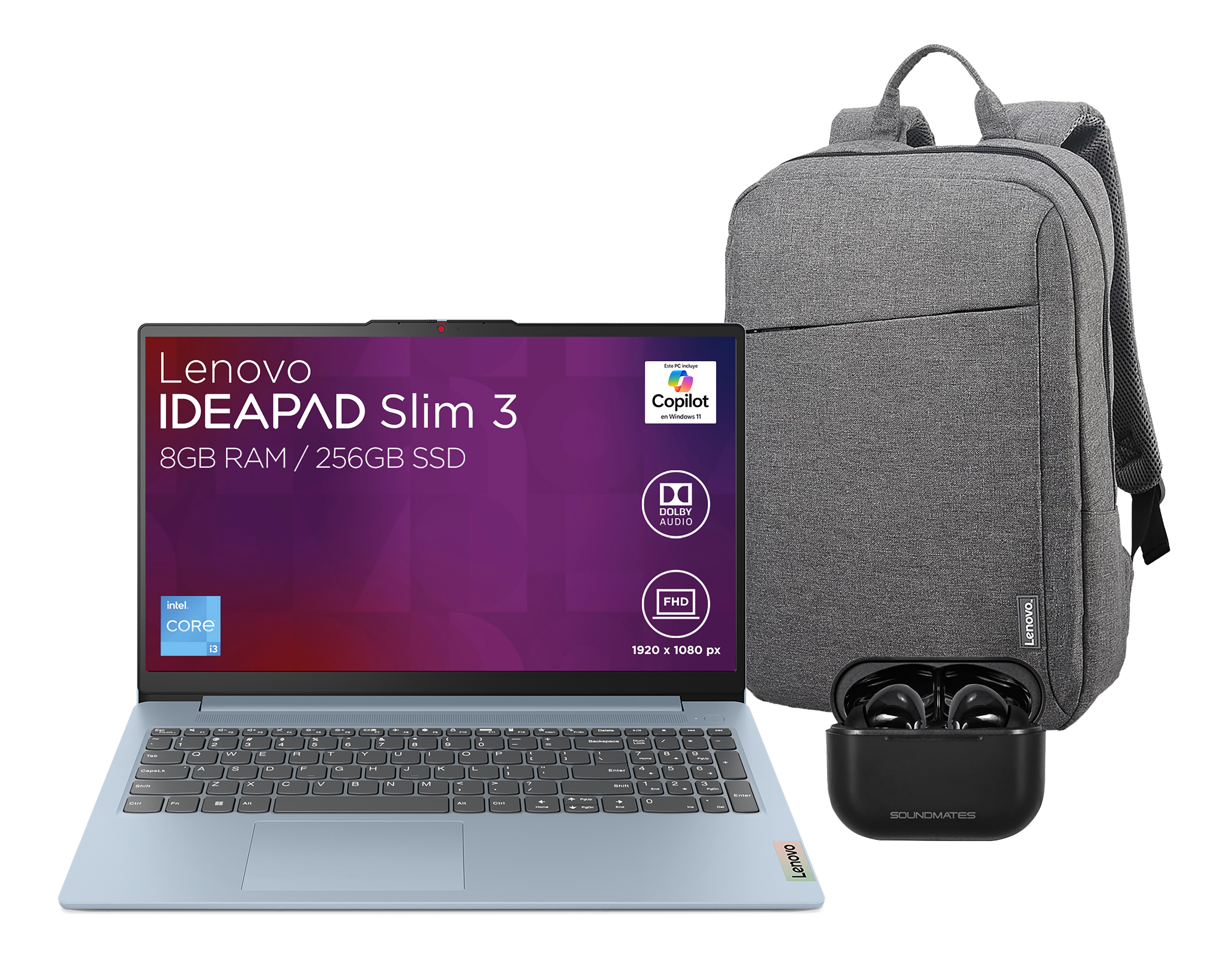 Foto 1 | Foto 1 | Bundle Laptop Lenovo 15IAN8 15.6 Pulgadas Windows 11 Intel Core i3 8 GB RAM 256 GB SSD Azul con Audífonos SoundMates y Mochila