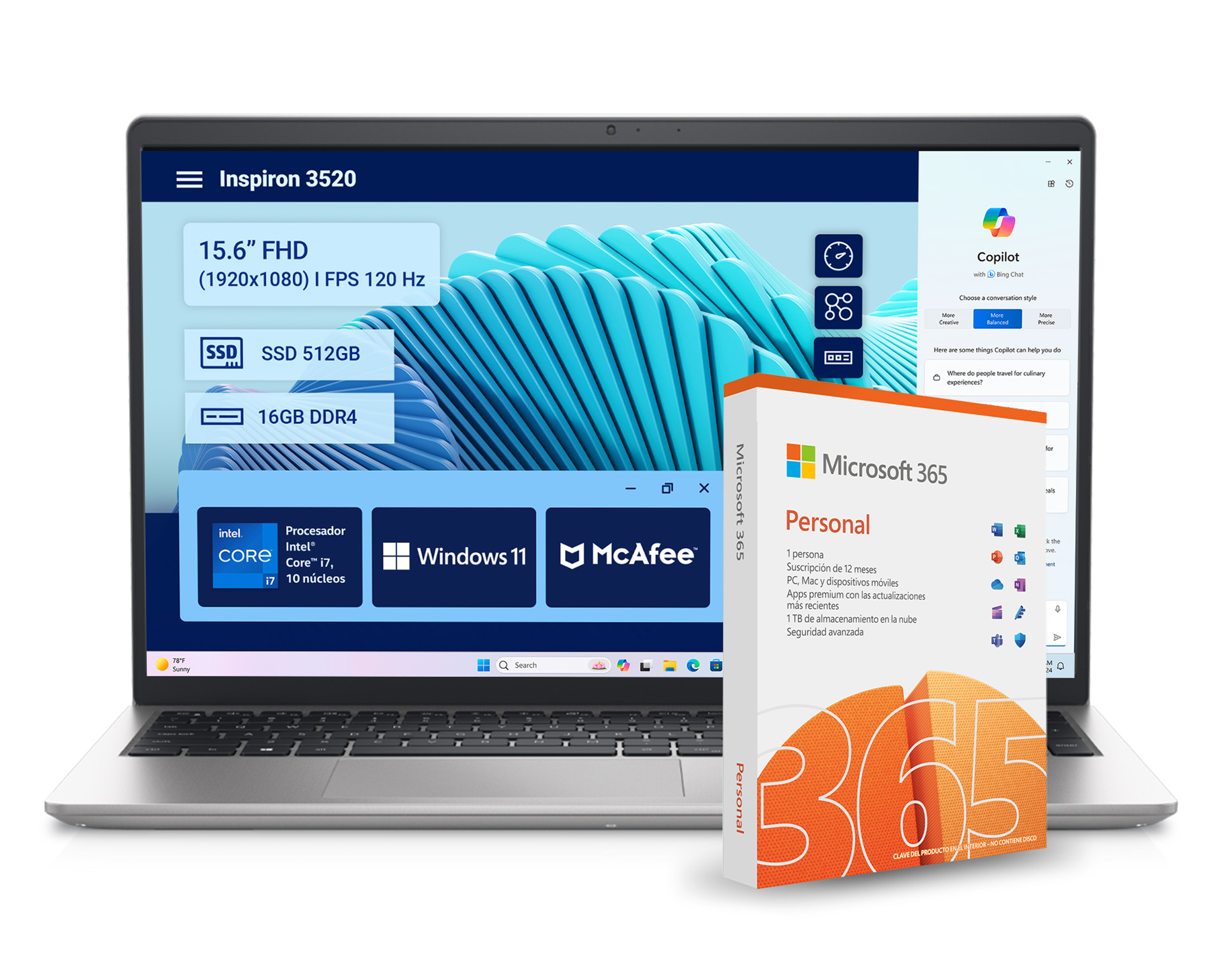 Foto 1 | Foto 1 | Laptop Dell Inspiron 3520 15.6 Pulgadas Windows 11 Intel Core i7 16 GB 512 GB SSD Plateado + Microsoft 365 por 1 año