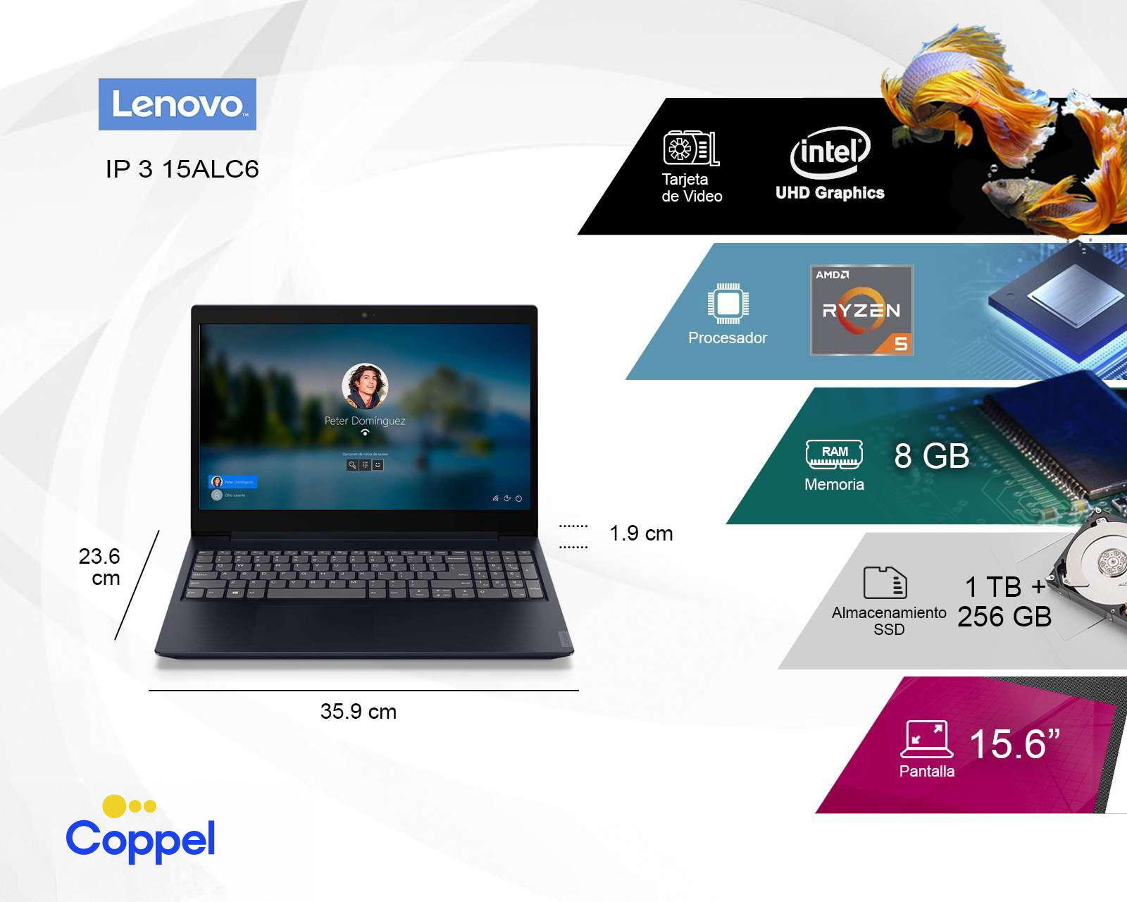 Foto 5 pulgar | Foto 4 | Laptop Lenovo IP 3 15ALC6 15.6'' Windows 11 Home AMD Ryzen 5 8 GB RAM 1 TB HHD + 256 GB SSD Azul