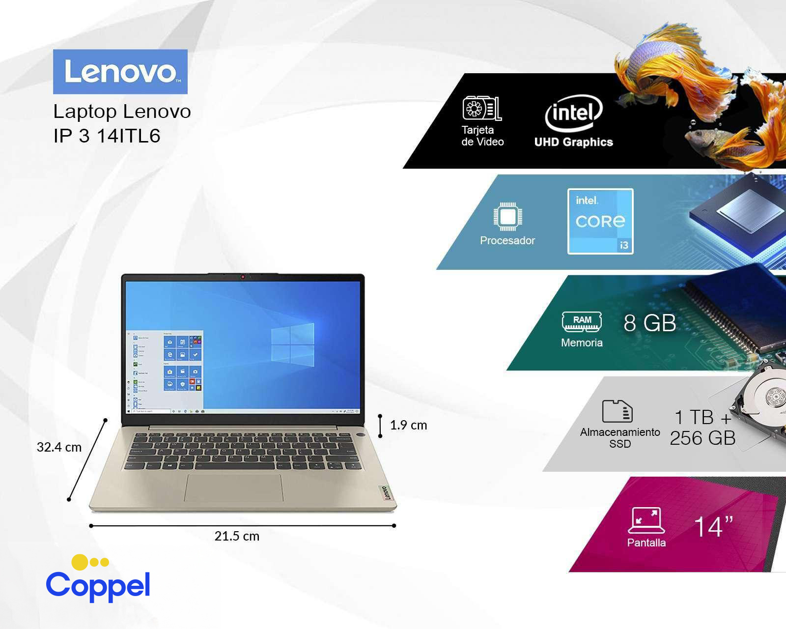 Foto 6 | Foto 6 | Laptop Lenovo IP 3 14ITL6 14" Windows 11 Home Intel Core i3 8 GB RAM 1 TB HDD + 256 GB SSD Dorado