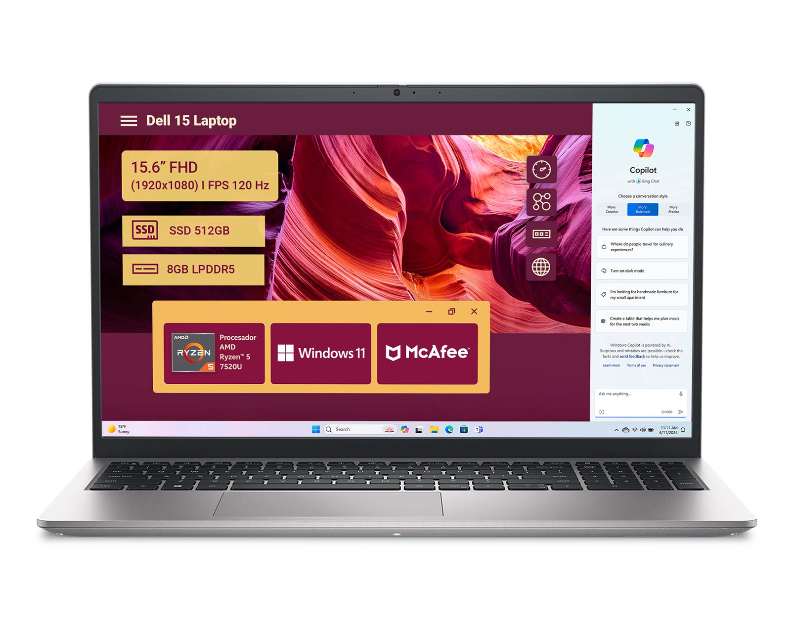 Foto 1 | Foto 1 | Laptop Dell 15 DC15255 15.6 Pulgadas Windows 11 AMD Ryzen 5 8 GB RAM 512 GB SSD Gris