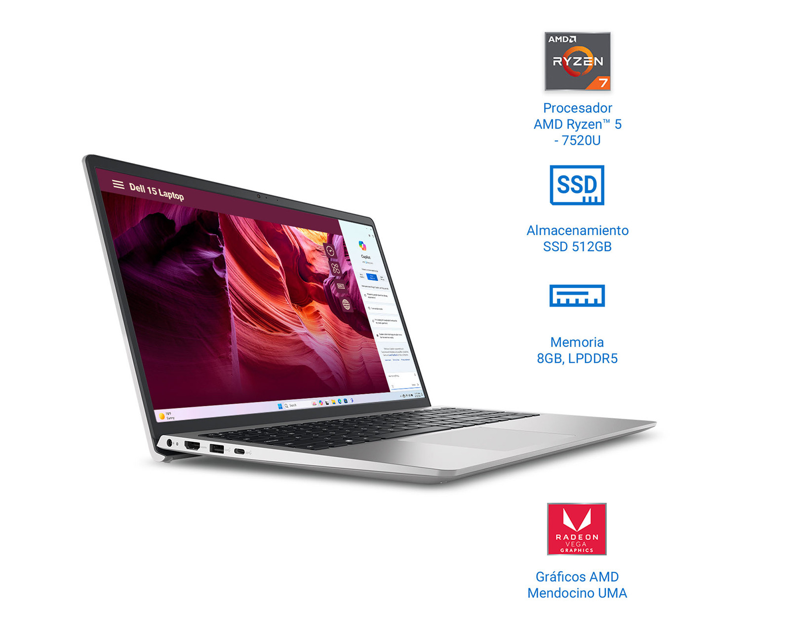 Foto 3 | Foto 3 | Laptop Dell 15 DC15255 15.6 Pulgadas Windows 11 AMD Ryzen 5 8 GB RAM 512 GB SSD Gris