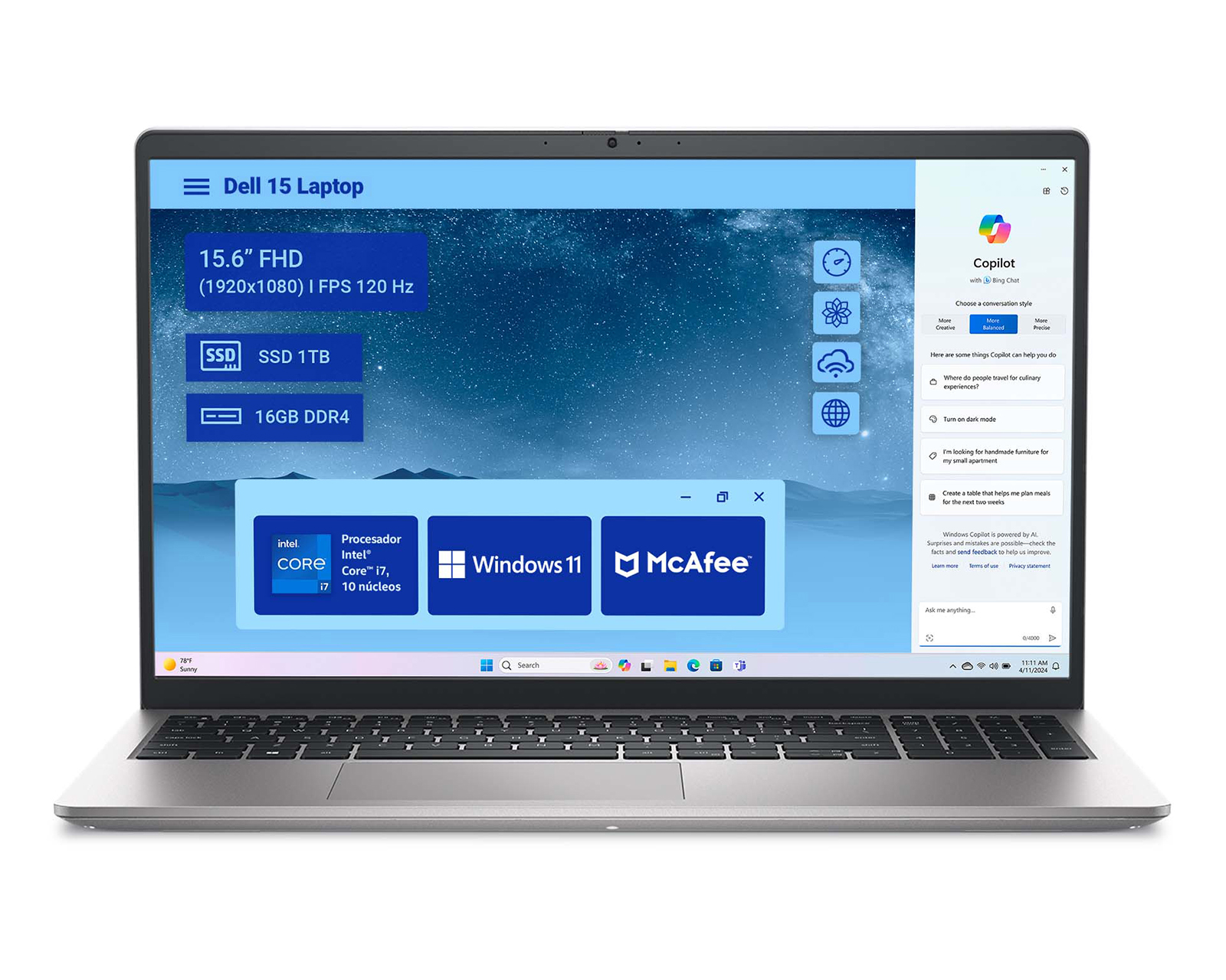 Foto 1 | Foto 1 | Laptop Dell 5CDNP 15.6 Pulgadas Windows 11 Home Intel Core i7 16 GB RAM 1 TB SSD Plata