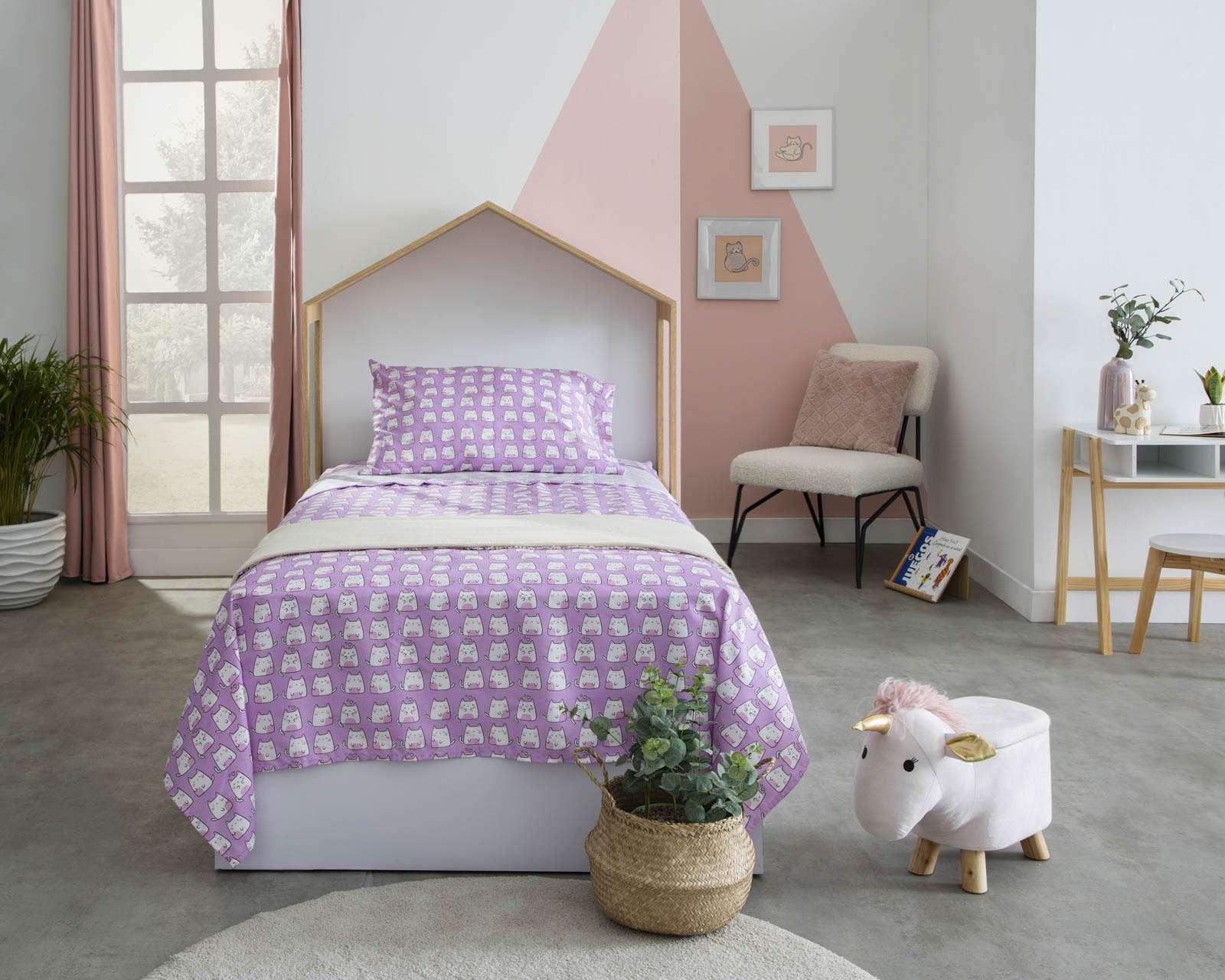 Sábana Infantil Starhaus Individual Gatos Lila 3 Piezas