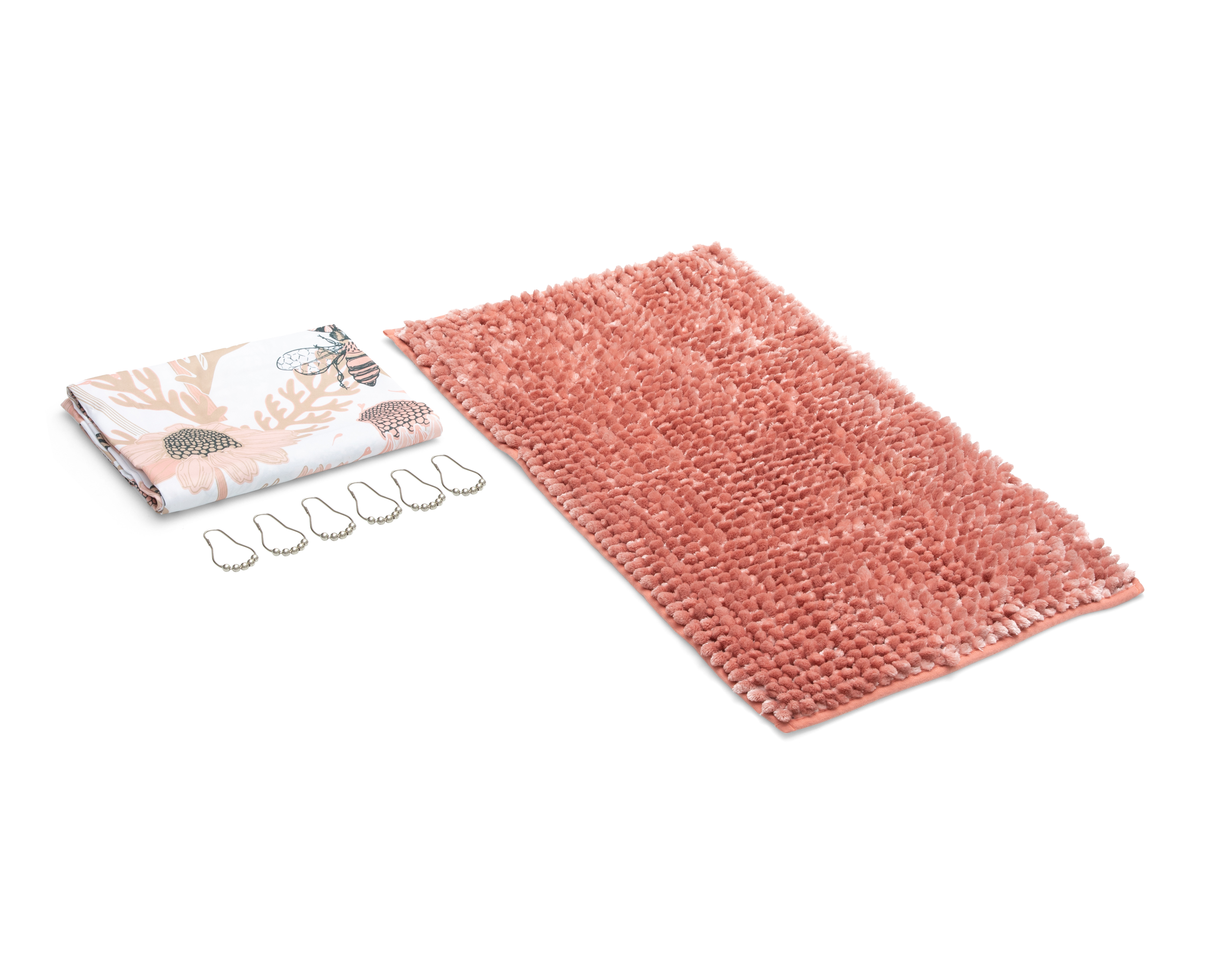 Cortina y Tapete para Baño Starhaus Rosa/Blanco 2 Piezas