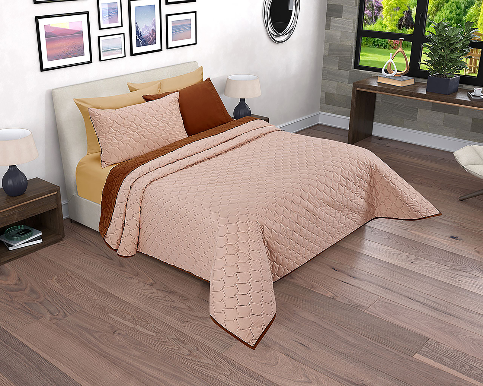 Foto 6 | Foto 6 | Colcha Providencia Matrimonial Escudo Café y Beige 3 Piezas