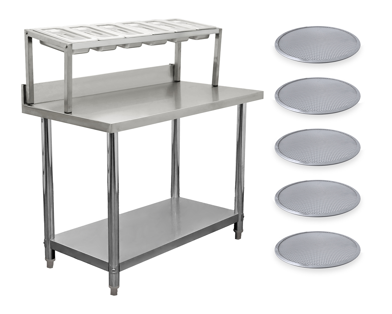 Mesa para Pizzería con Insertos Mindejal de Acero Inoxidable con Mallas para Hornear