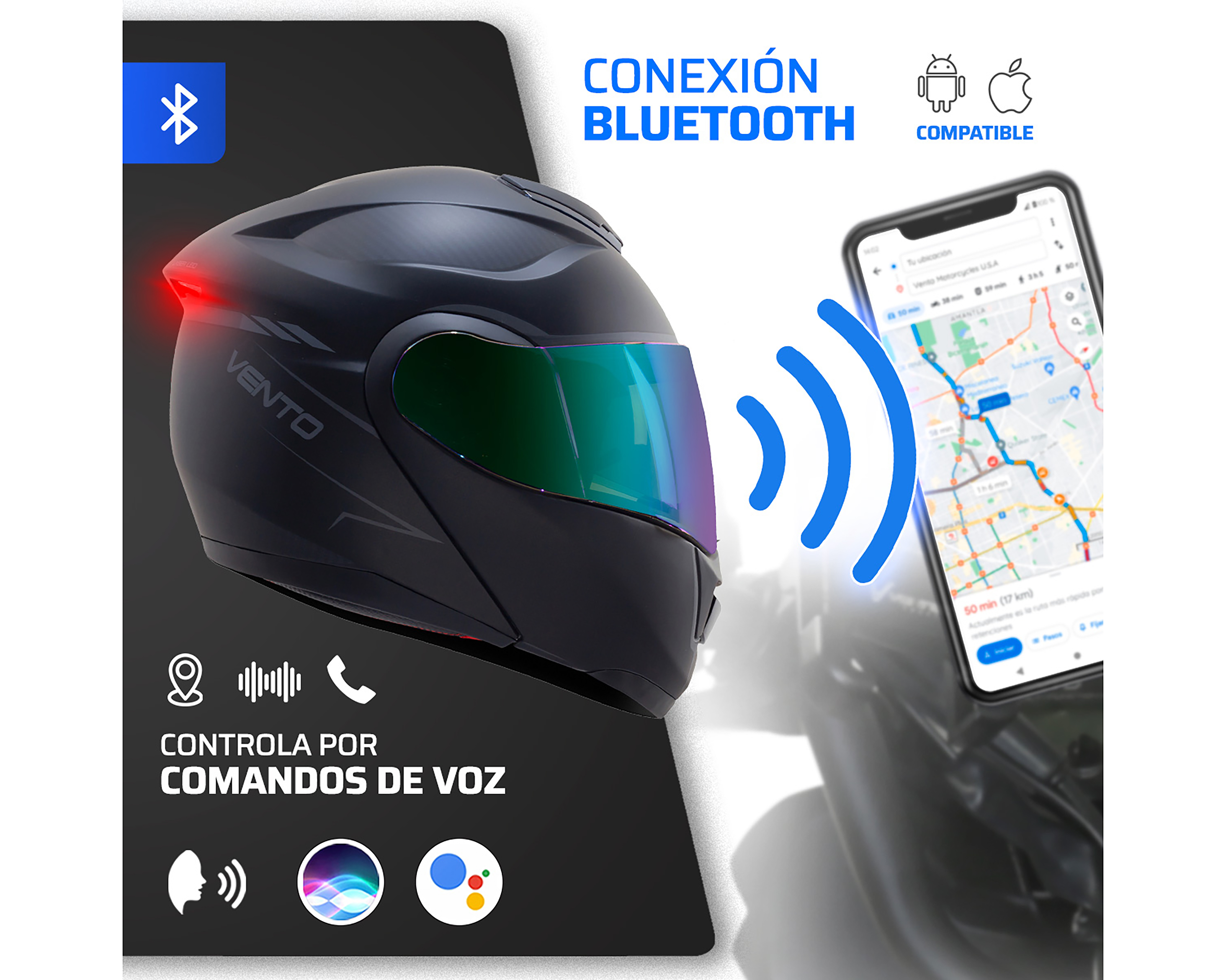 Foto 7 pulgar | Foto 6 | Casco para Motociclista Vento Grande Negro con Bluetooth