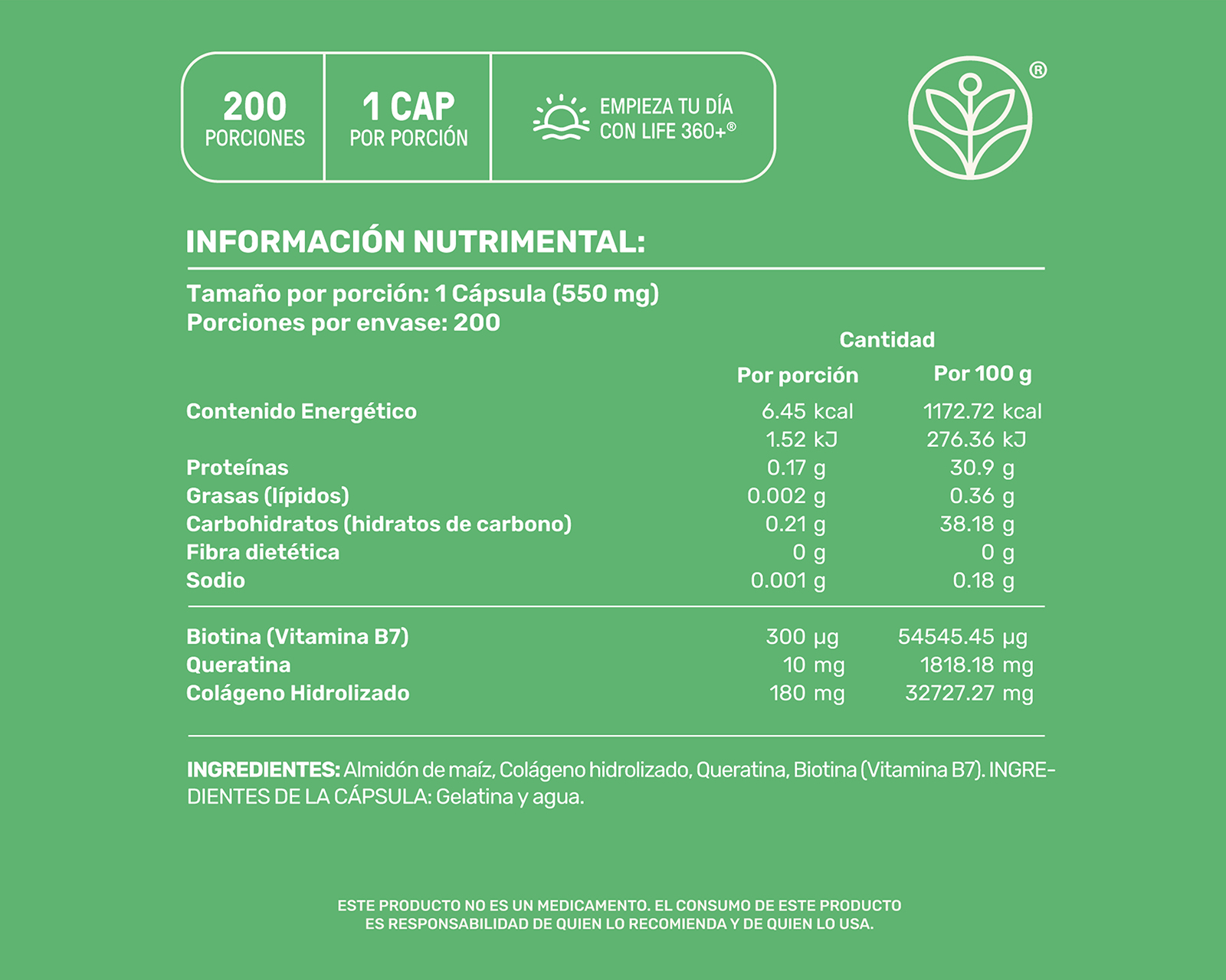 Foto 3 | Foto 3 | Suplemento Alimenticio Life360+ Colágeno Hidrolizado con Biotina y Queratina 200 Cápsulas