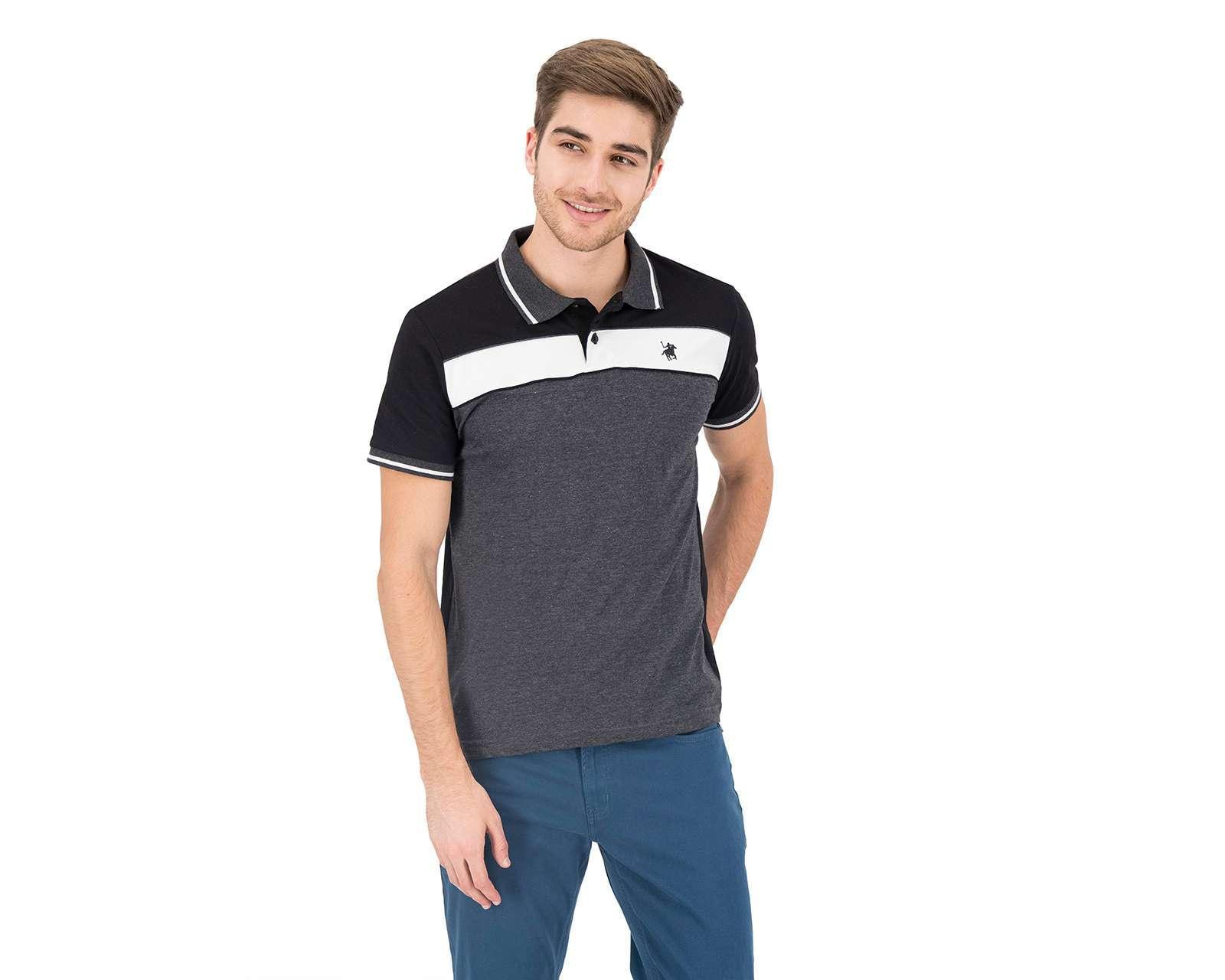 Foto 2 pulgar | Foto 1 | Playera Polo York Team Polo Club Negra con Franjas para Hombre