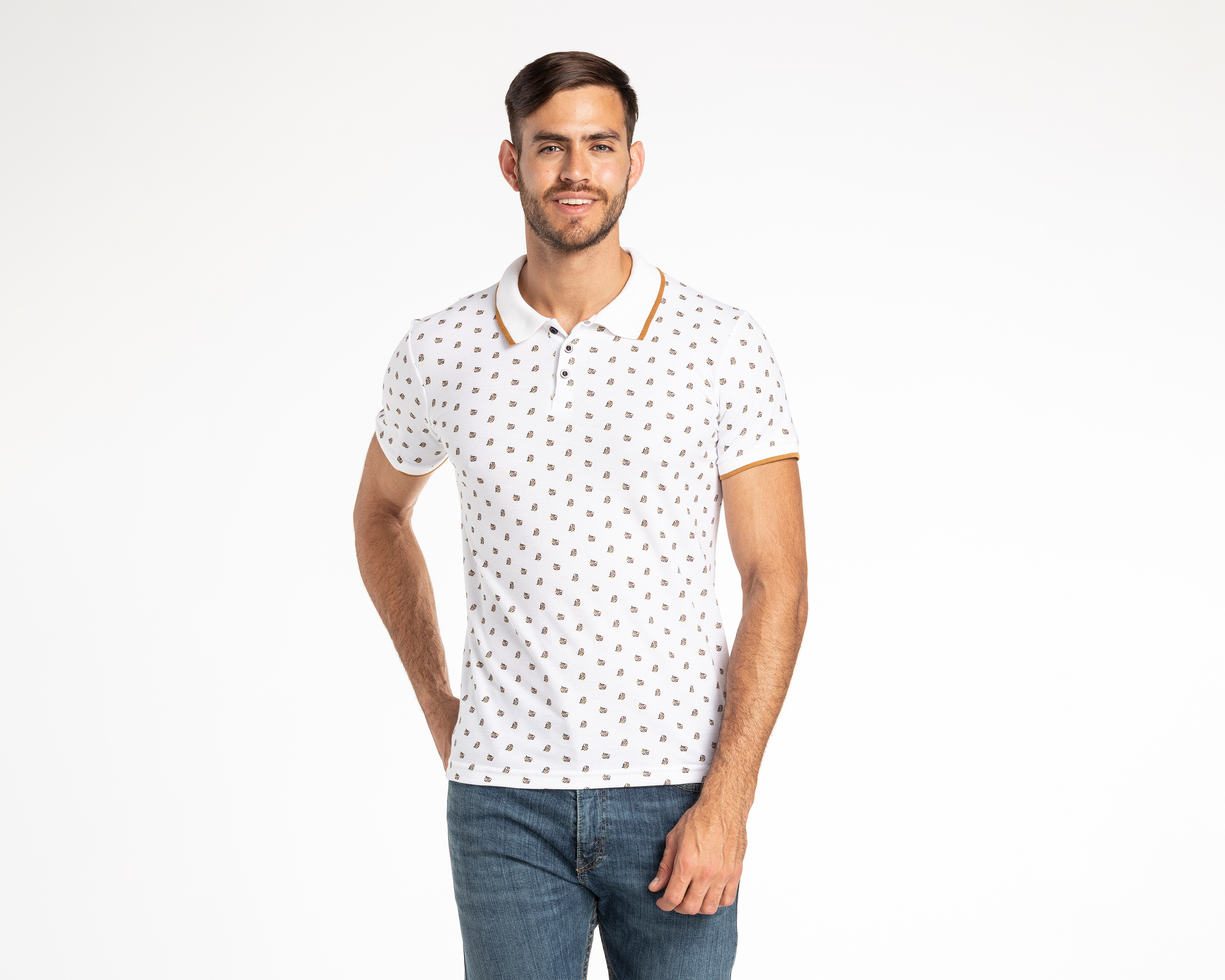 Foto 2 pulgar | Foto 1 | Playera Polo Refill Blanca con Miniprint para Hombre