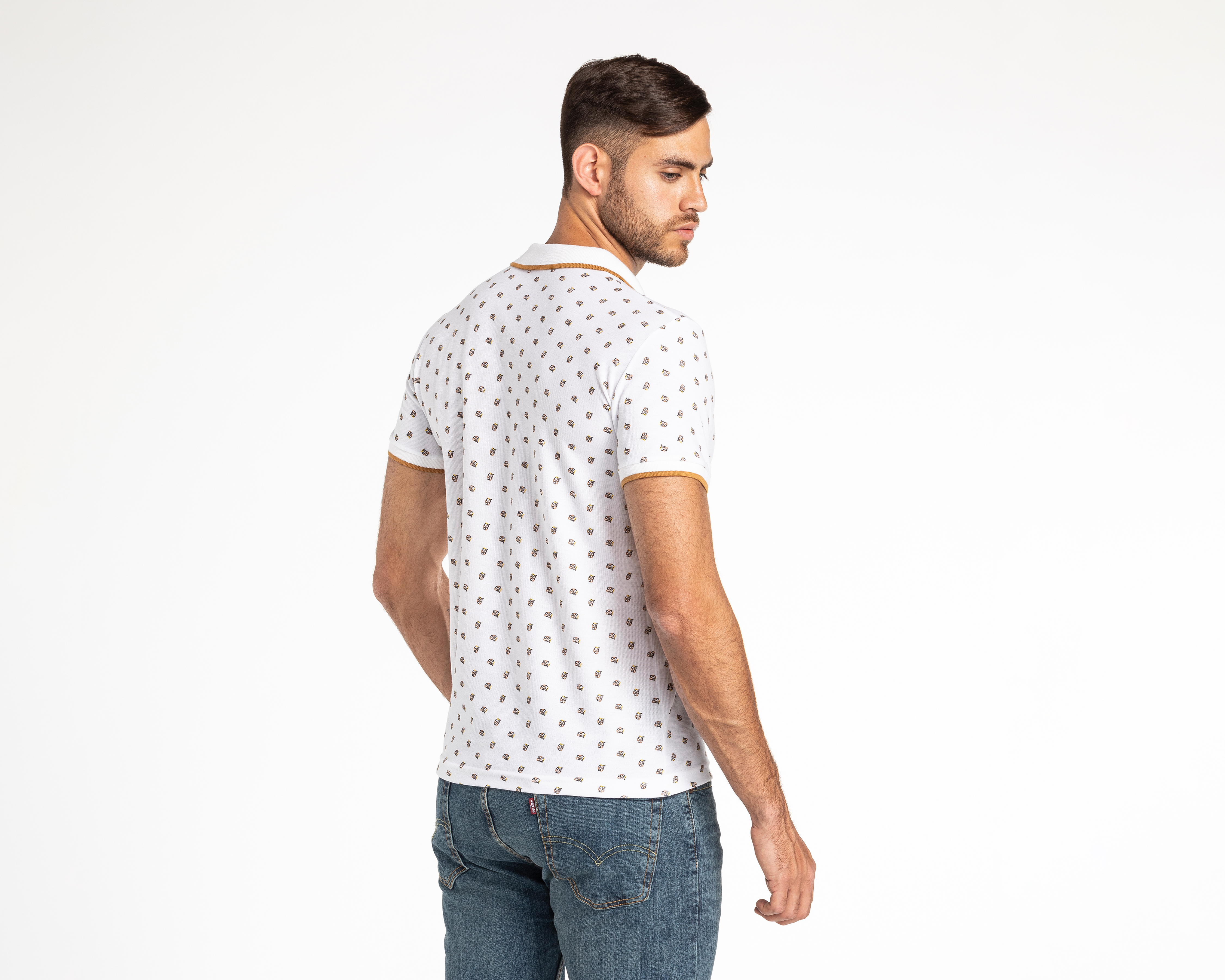 Foto 3 pulgar | Foto 2 | Playera Polo Refill Blanca con Miniprint para Hombre