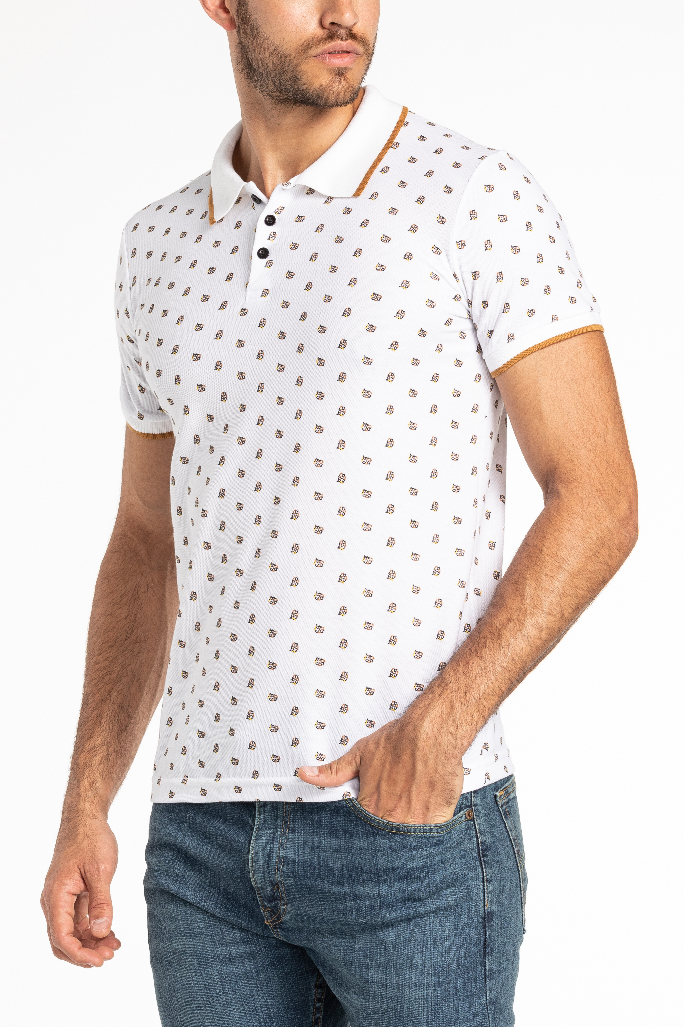 Foto 4 pulgar | Foto 3 | Playera Polo Refill Blanca con Miniprint para Hombre