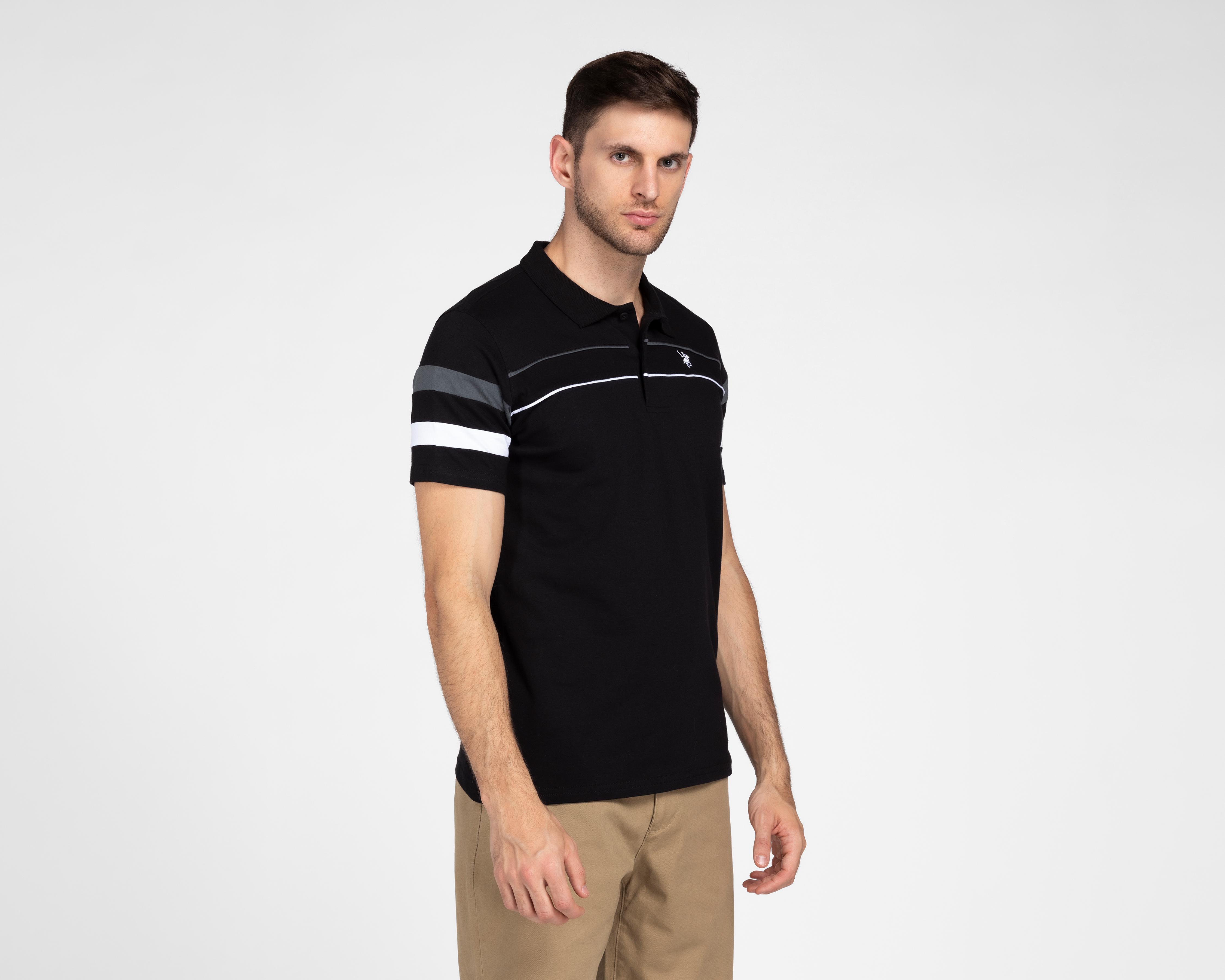 Foto 2 pulgar | Foto 1 | Playera Polo York Team Polo Club Negra con Franjas para Hombre
