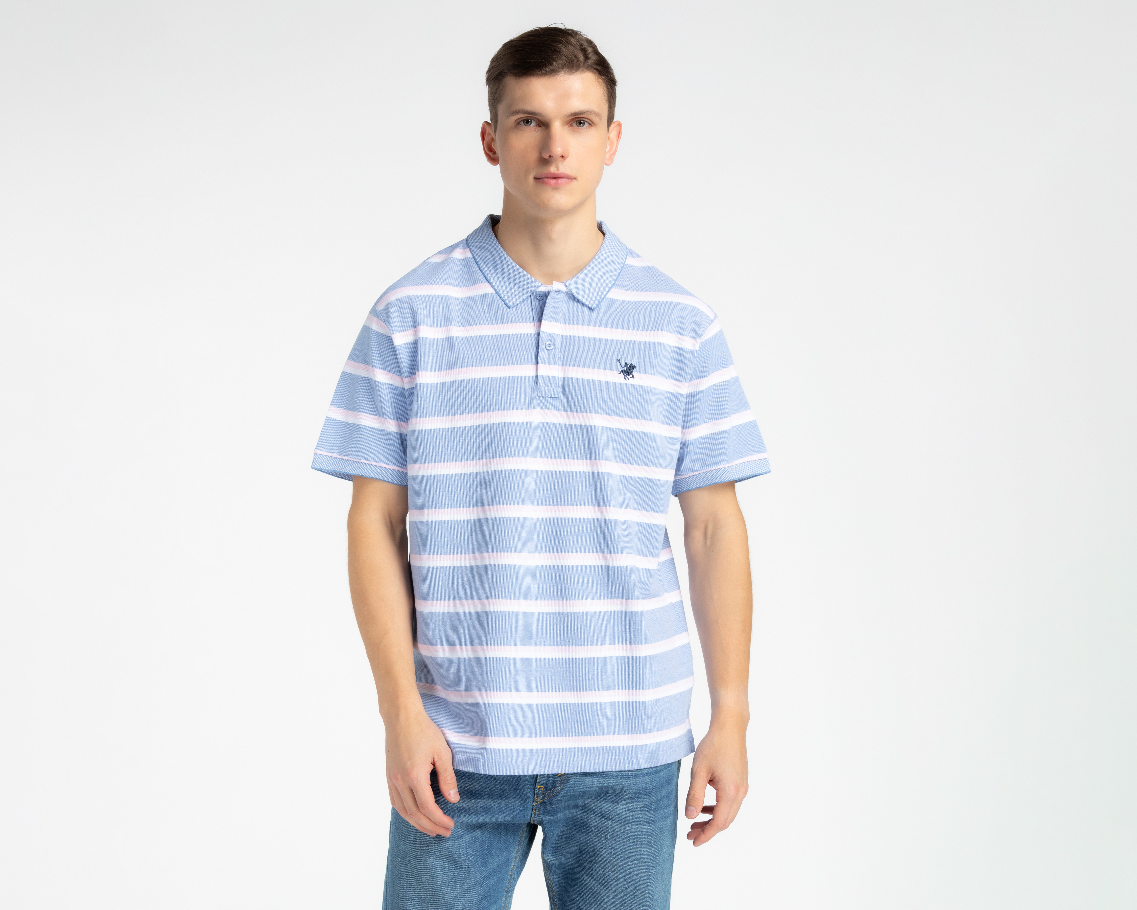Playera Polo York Team Polo Club Azul con Rayas Blancas para Hombre