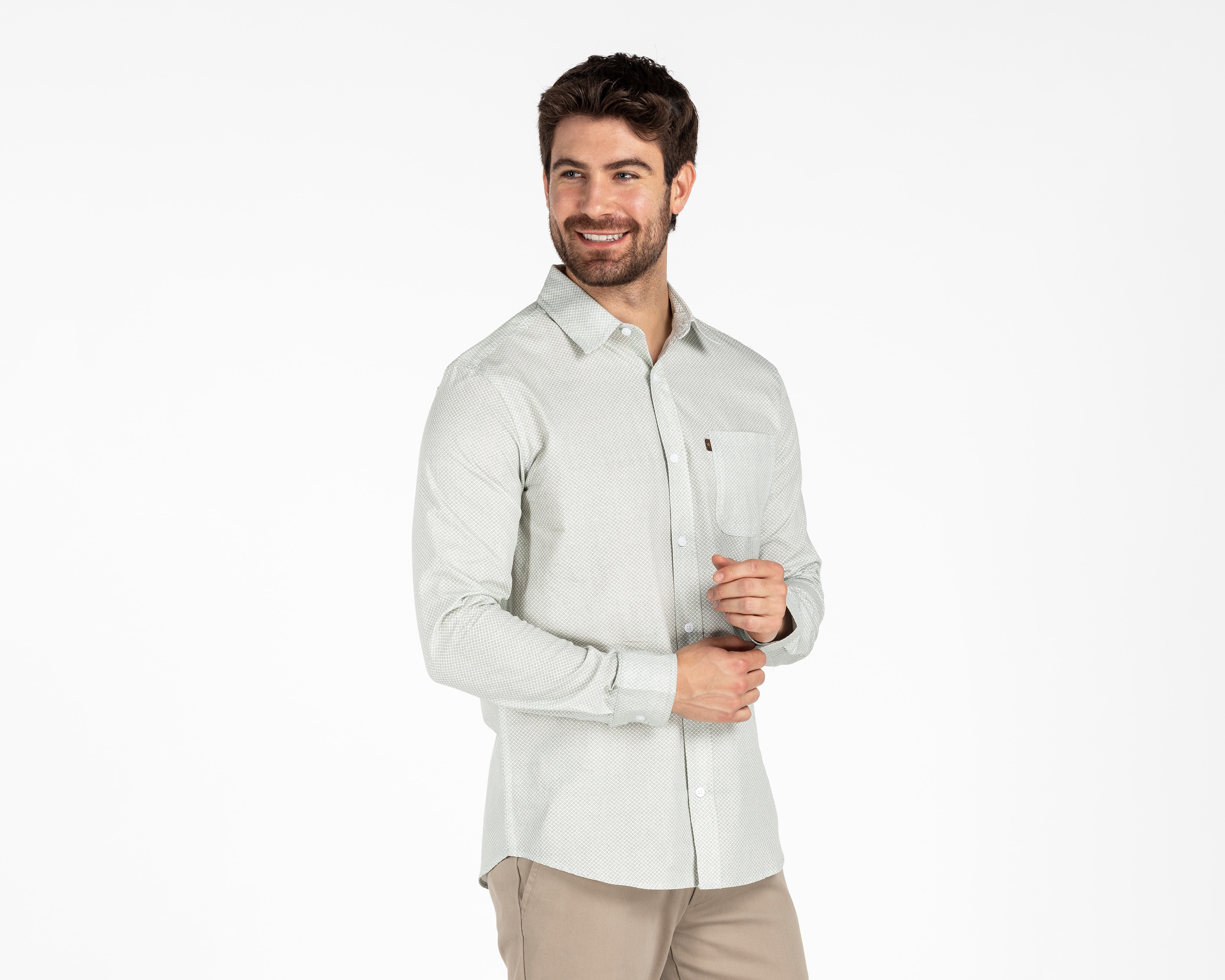 Camisa de Vestir de Algodón Porto Sur Manga Larga Cuello Americano