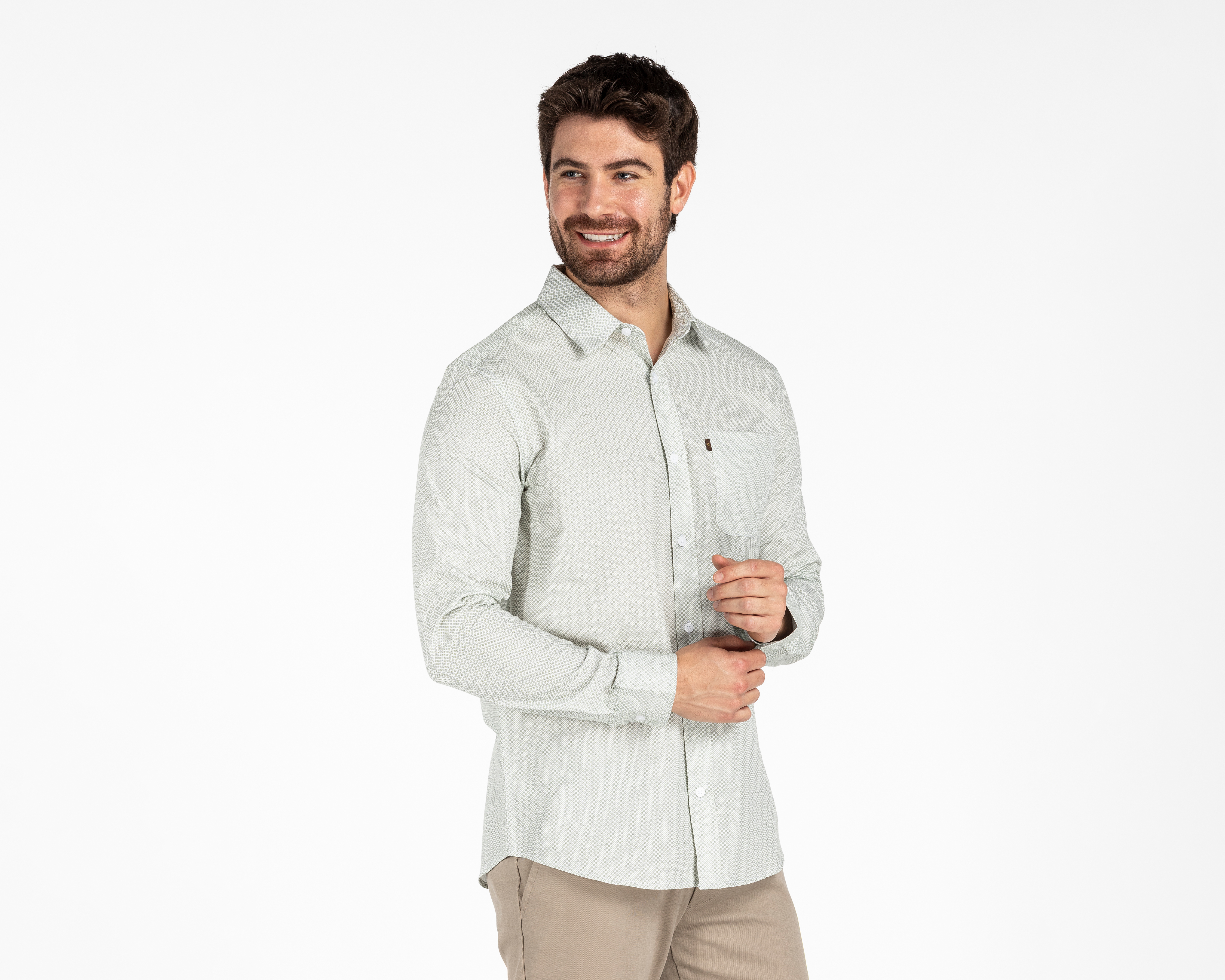 Camisa de Vestir de Algodón Porto Sur Manga Larga Cuello Americano para Hombre