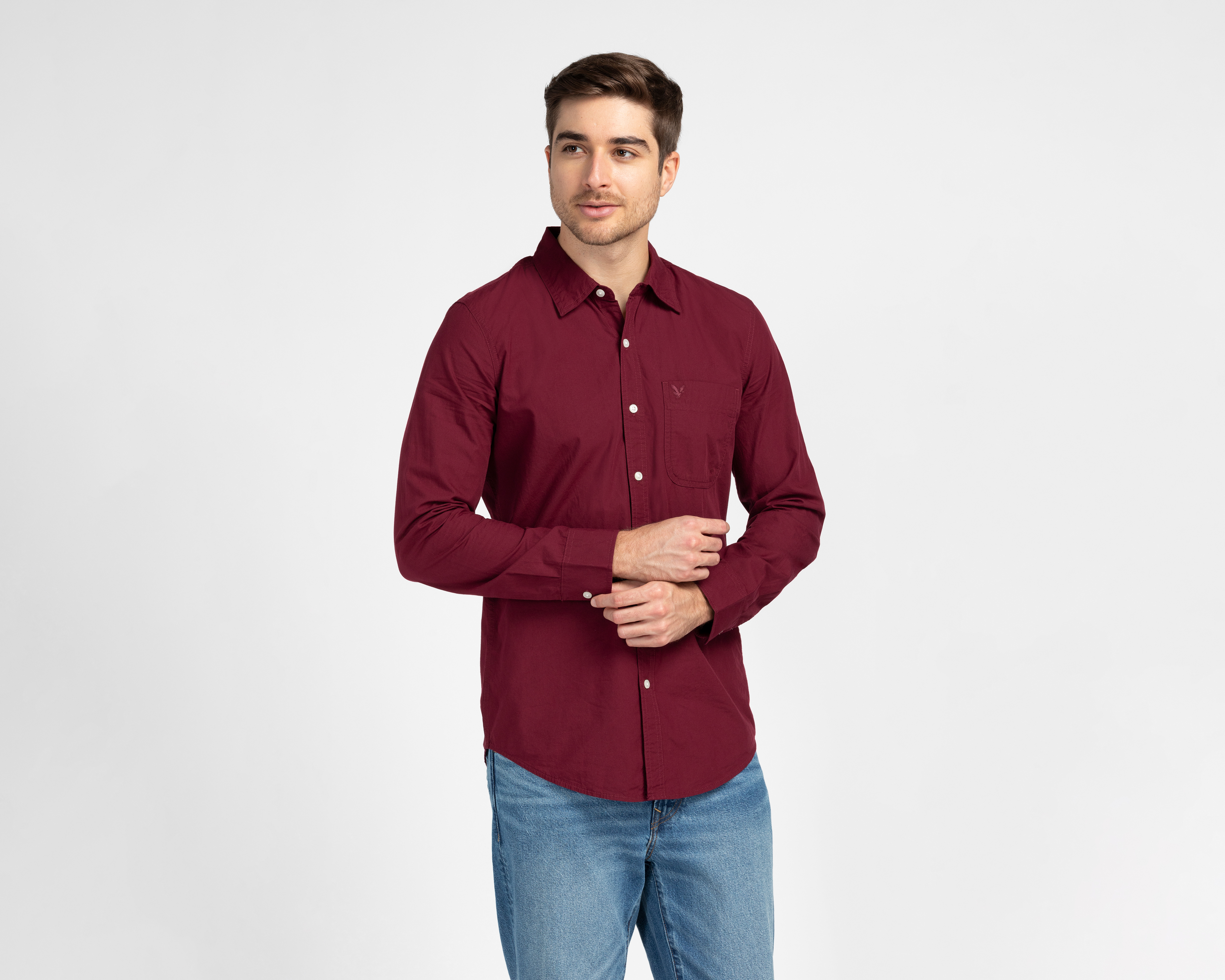 Camisa de Vestir de Algodón American Eagle Manga Larga Cuello Americano para Hombre