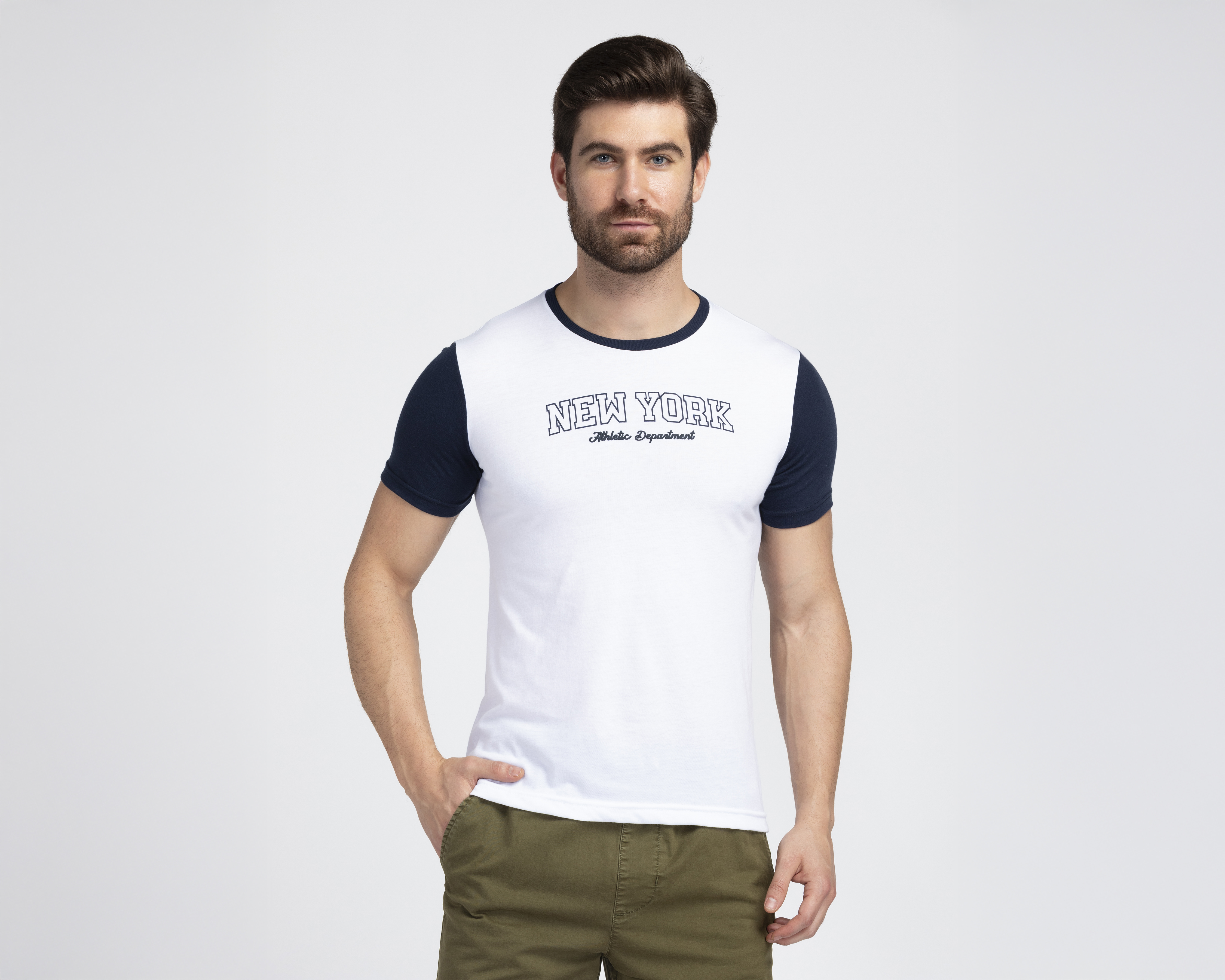 Foto 3 pulgar | Foto 2 | Playera de Cuello Redondo Blanco y Azul Refill para Hombre