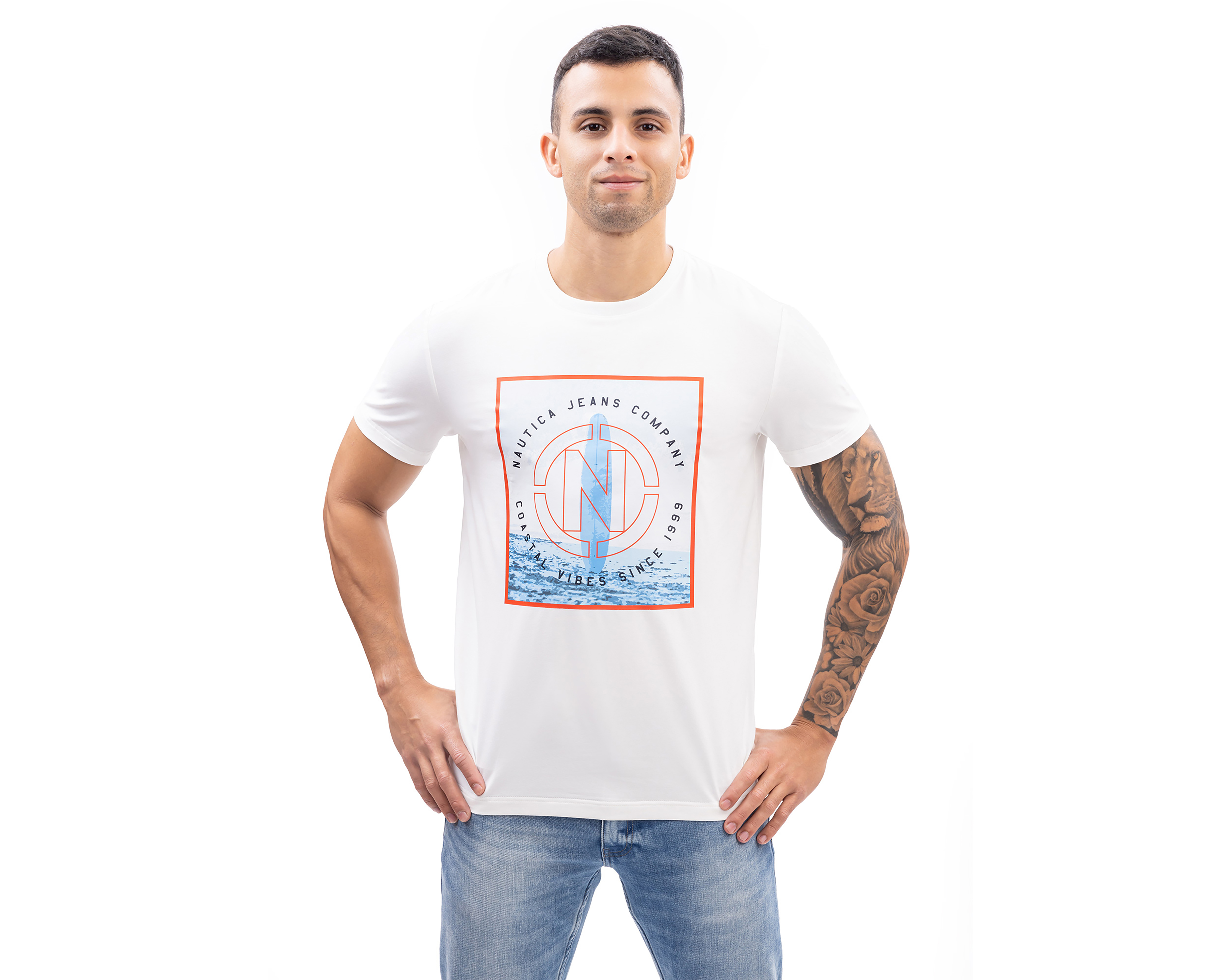 Foto 2 pulgar | Foto 1 | Playera de Cuello Redondo Blanca Nautica Jeans Co para Hombre