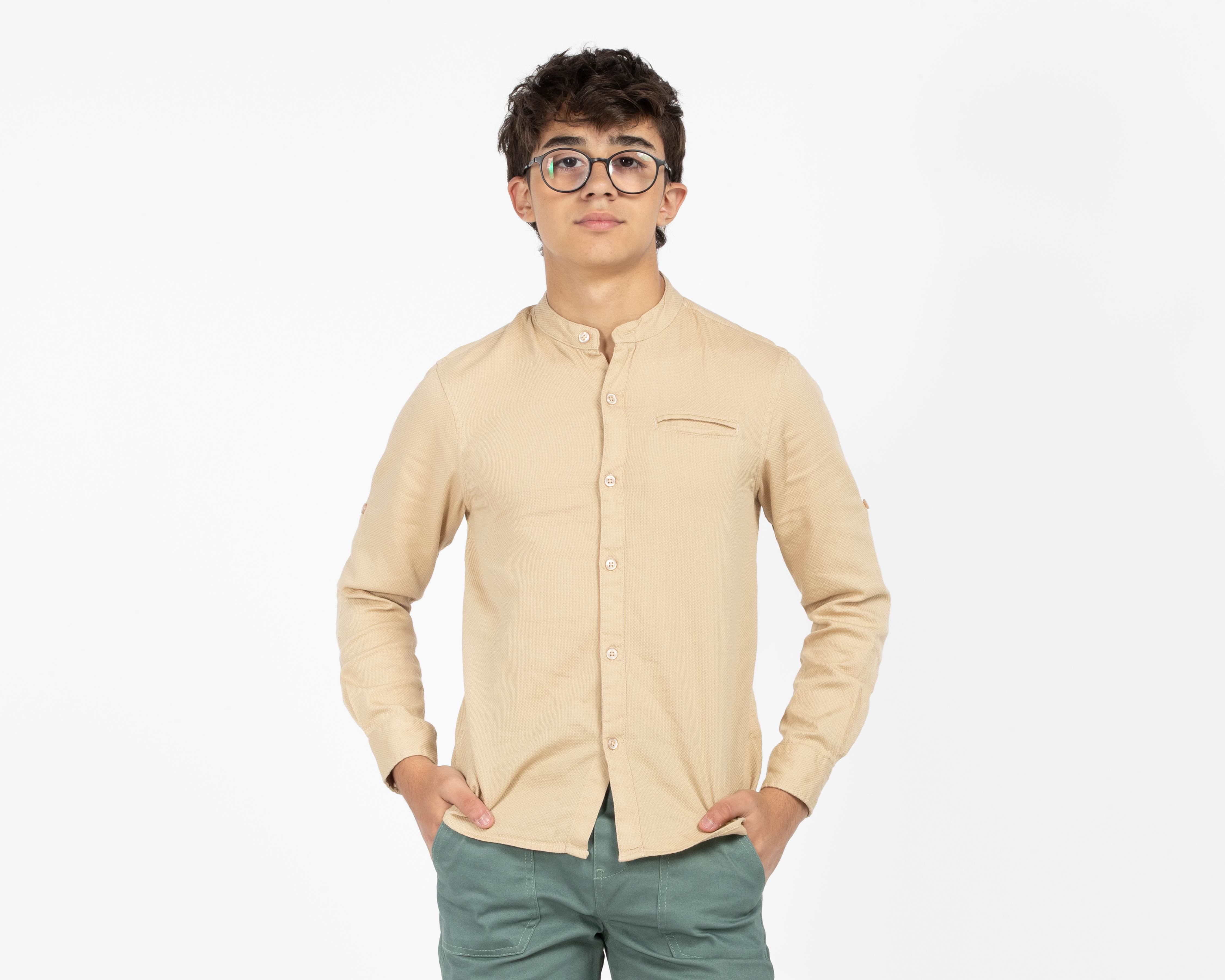 Camisa de Cuello Mao Beige Refill Juvenil