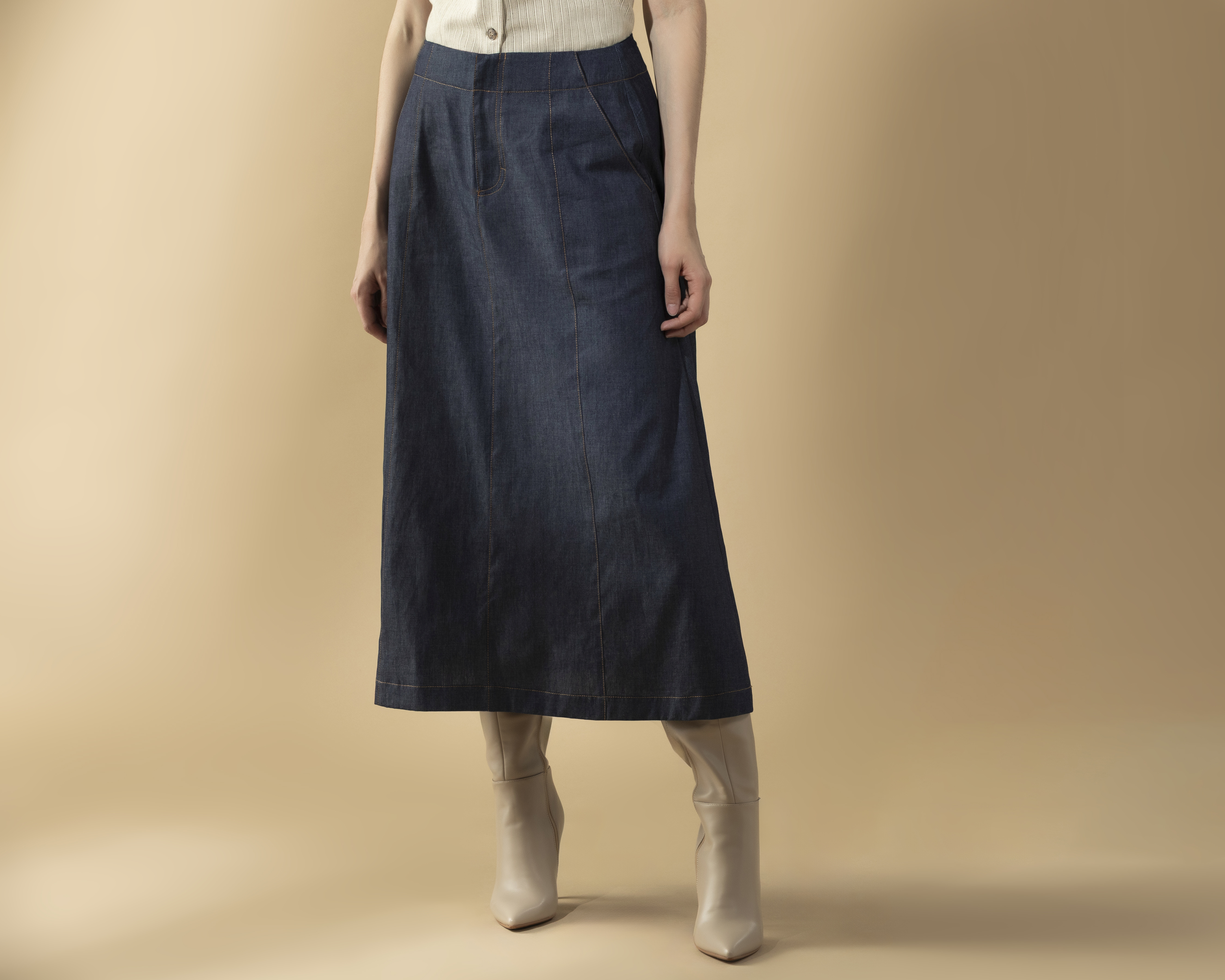 Foto 3 pulgar | Foto 2 | Falda Midi Denim Pespunte en Contraste Sahara By Antonio Gutierrez para Mujer