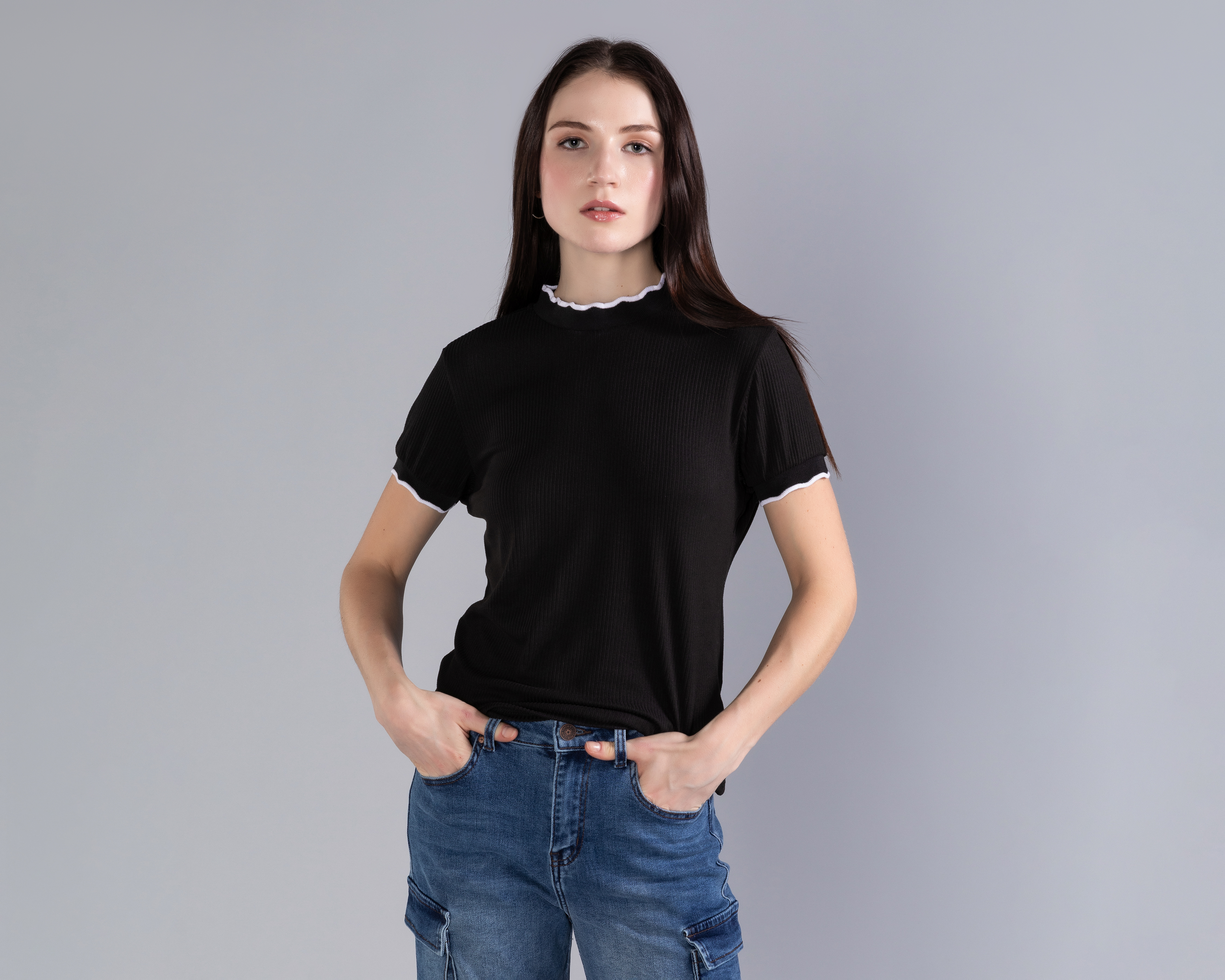 Foto 3 pulgar | Foto 2 | Playera Manga Corta Rib Cuello Perkins Contrastes Strona para Mujer