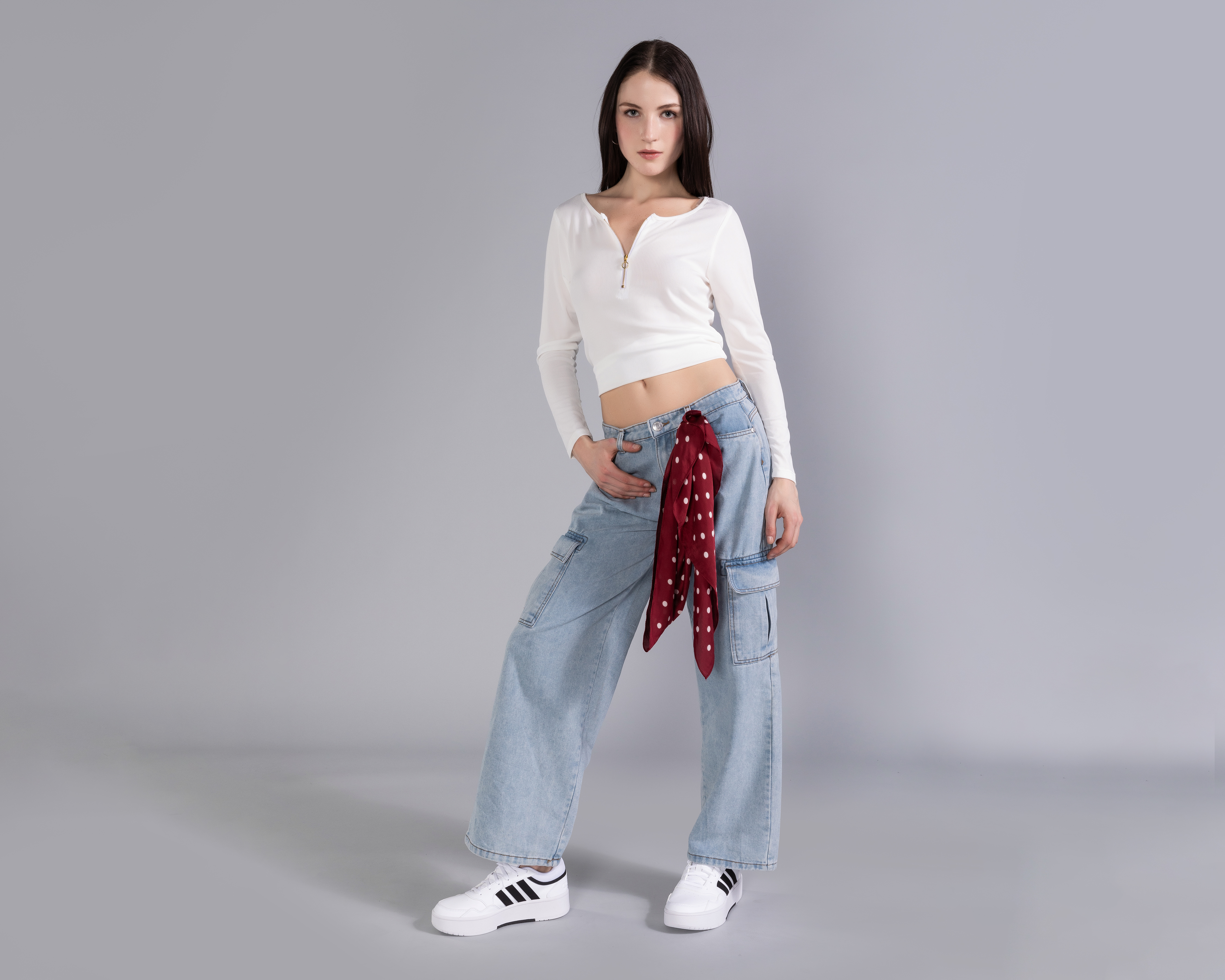 Playera Manga Larga Rib con Cierre Corto Delantero Strona para Mujer