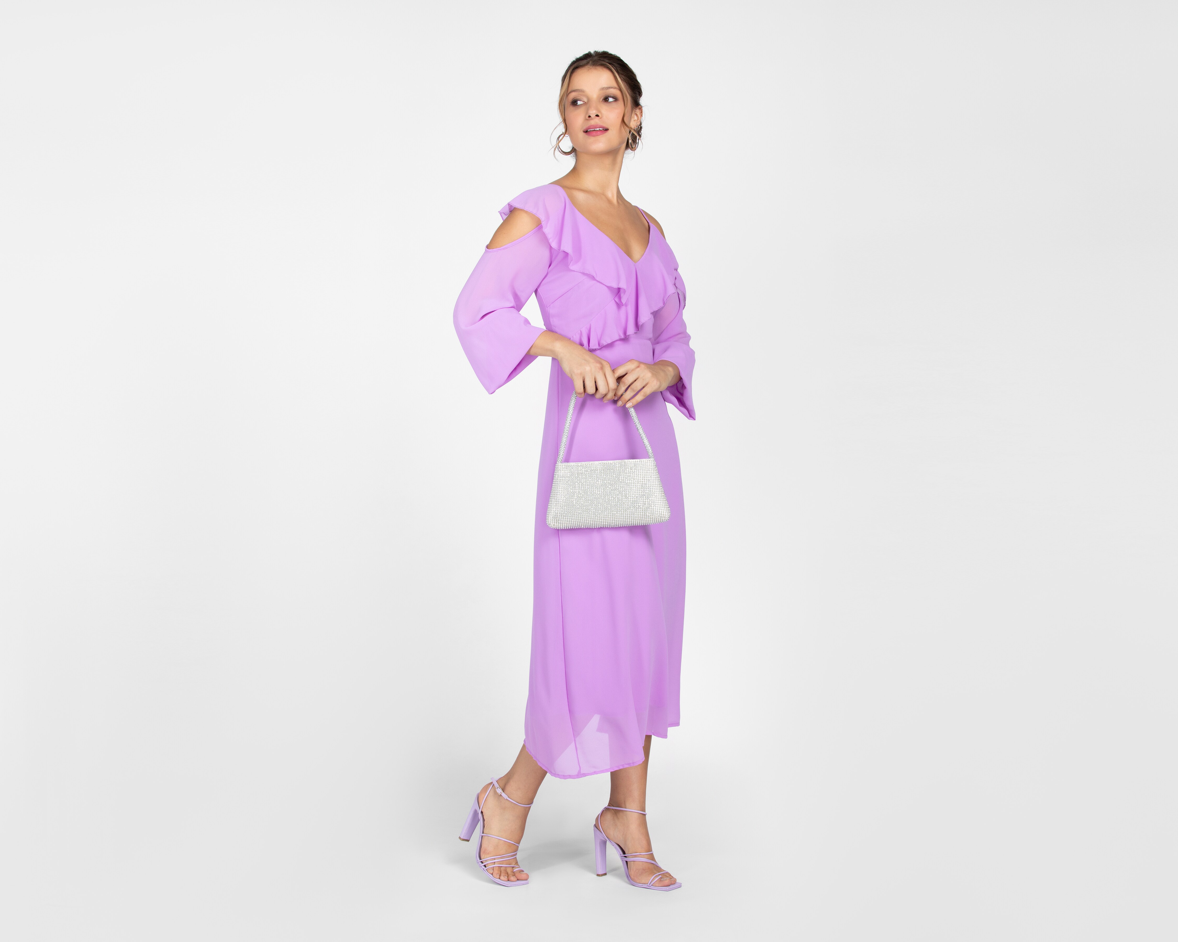 Vestido Sahara Formal Midi Lila con Holanes