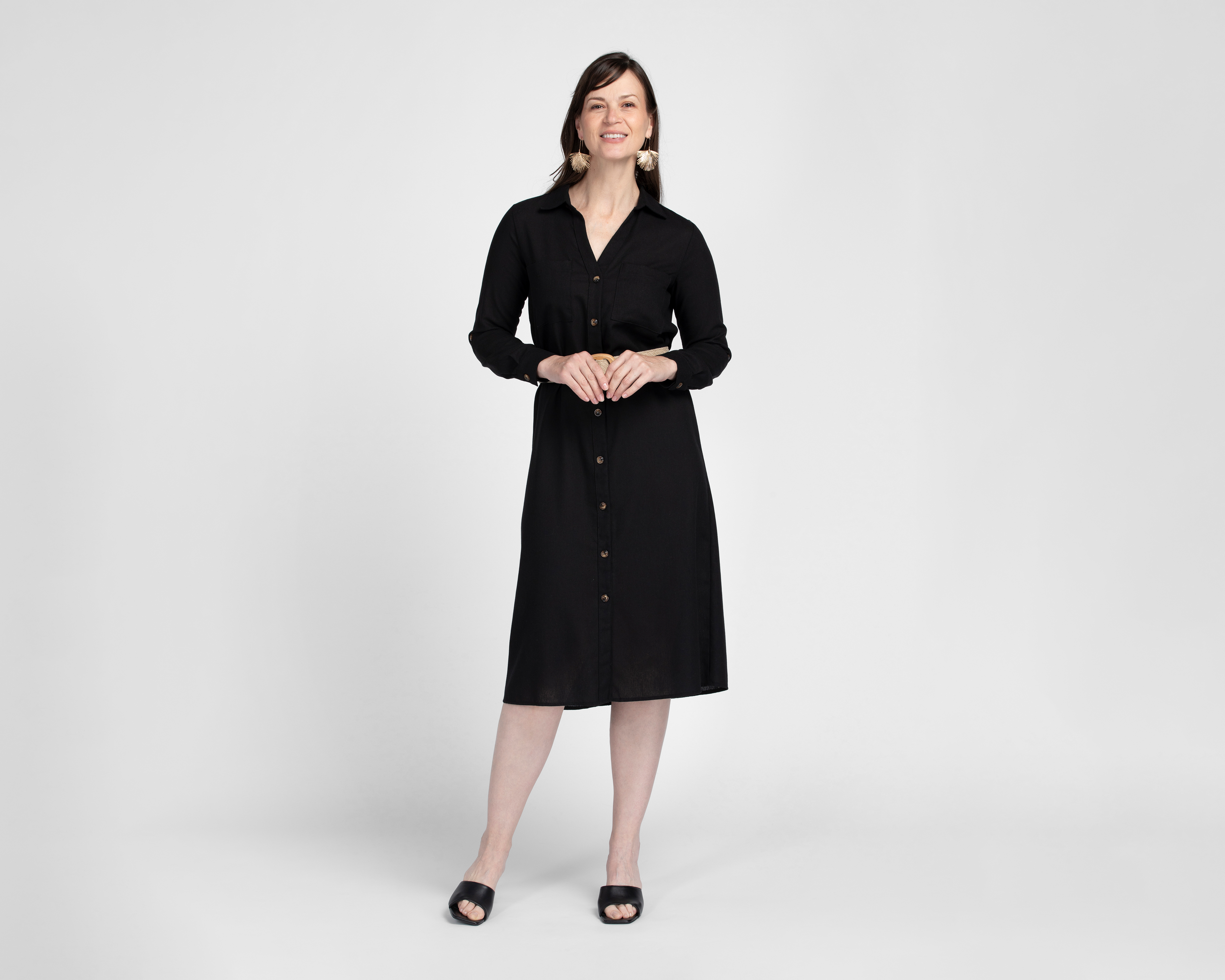 Vestido Casual Sahara Negro Manga Larga con Cinturón