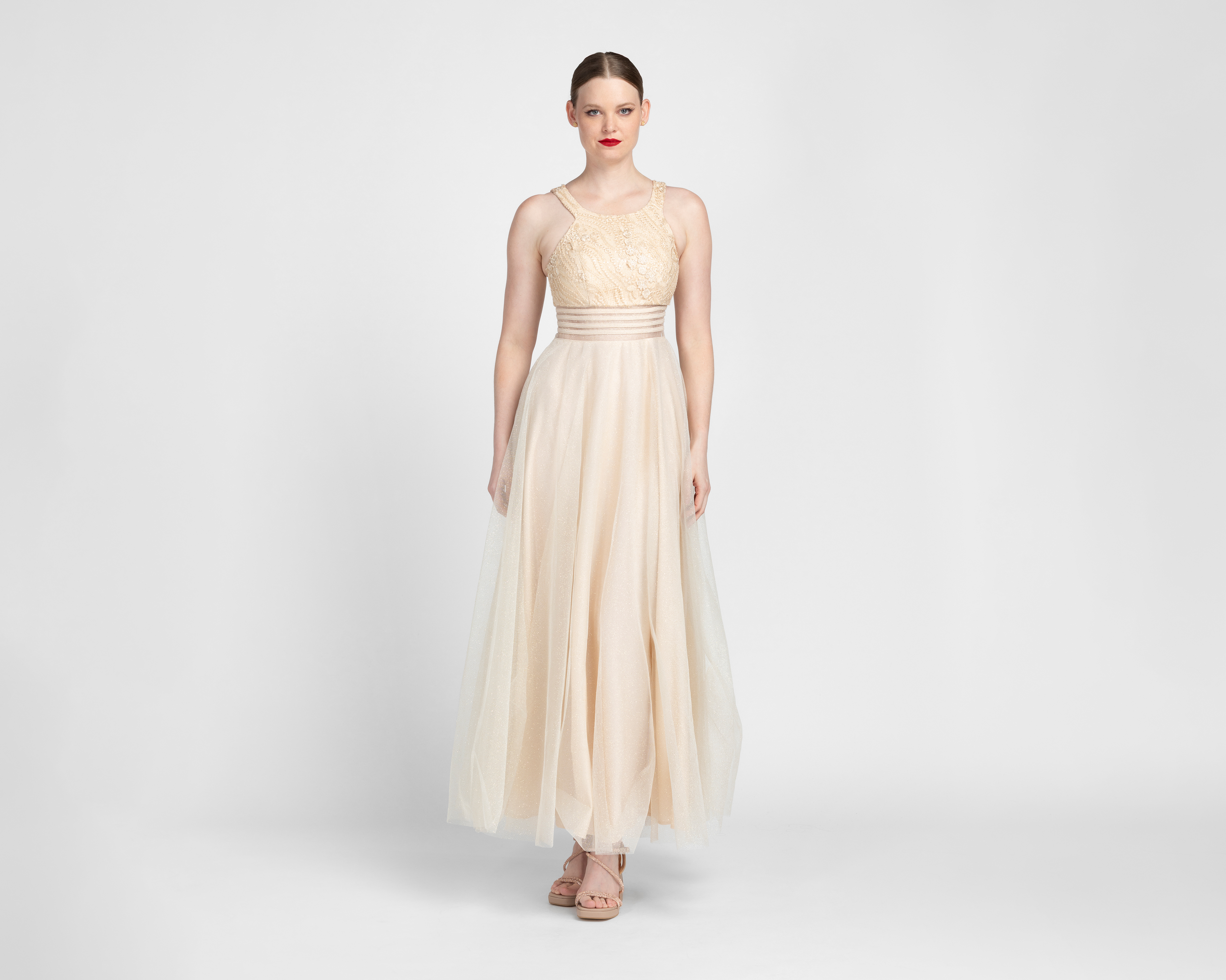 Vestido de Noche Nina Ferre Beige con Bordado Largo para Mujer
