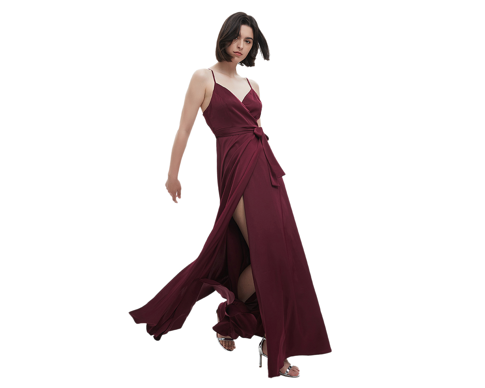 Foto 5 pulgar | Foto 4 | Vestido de Noche Meirius Largo Tinto con Tirantes