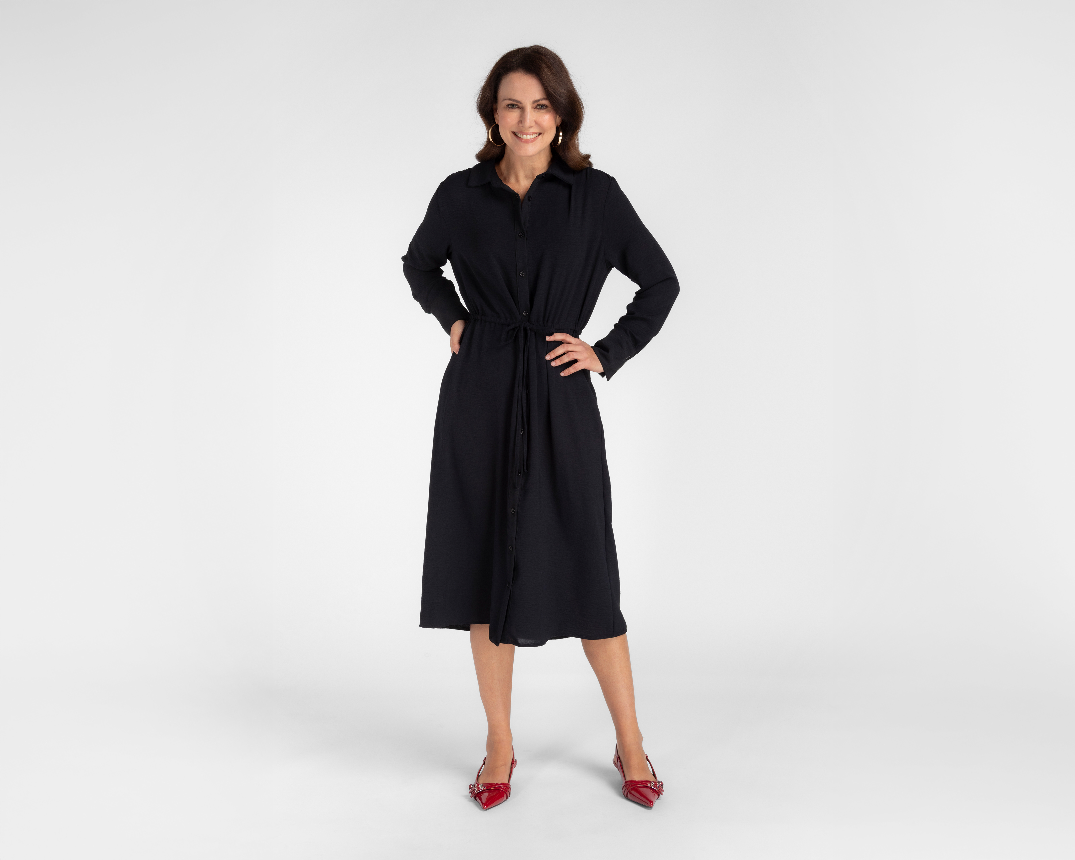 Vestido Casual Sahara Negro Manga Larga con Botones