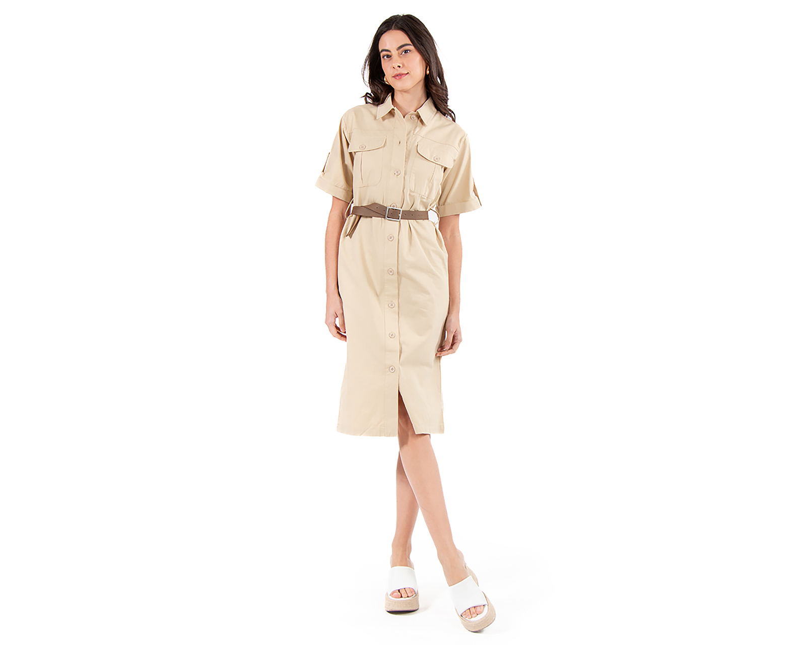 Foto 2 pulgar | Foto 1 | Vestido Casual Forever 21 Midi Beige con Cinturón para Mujer