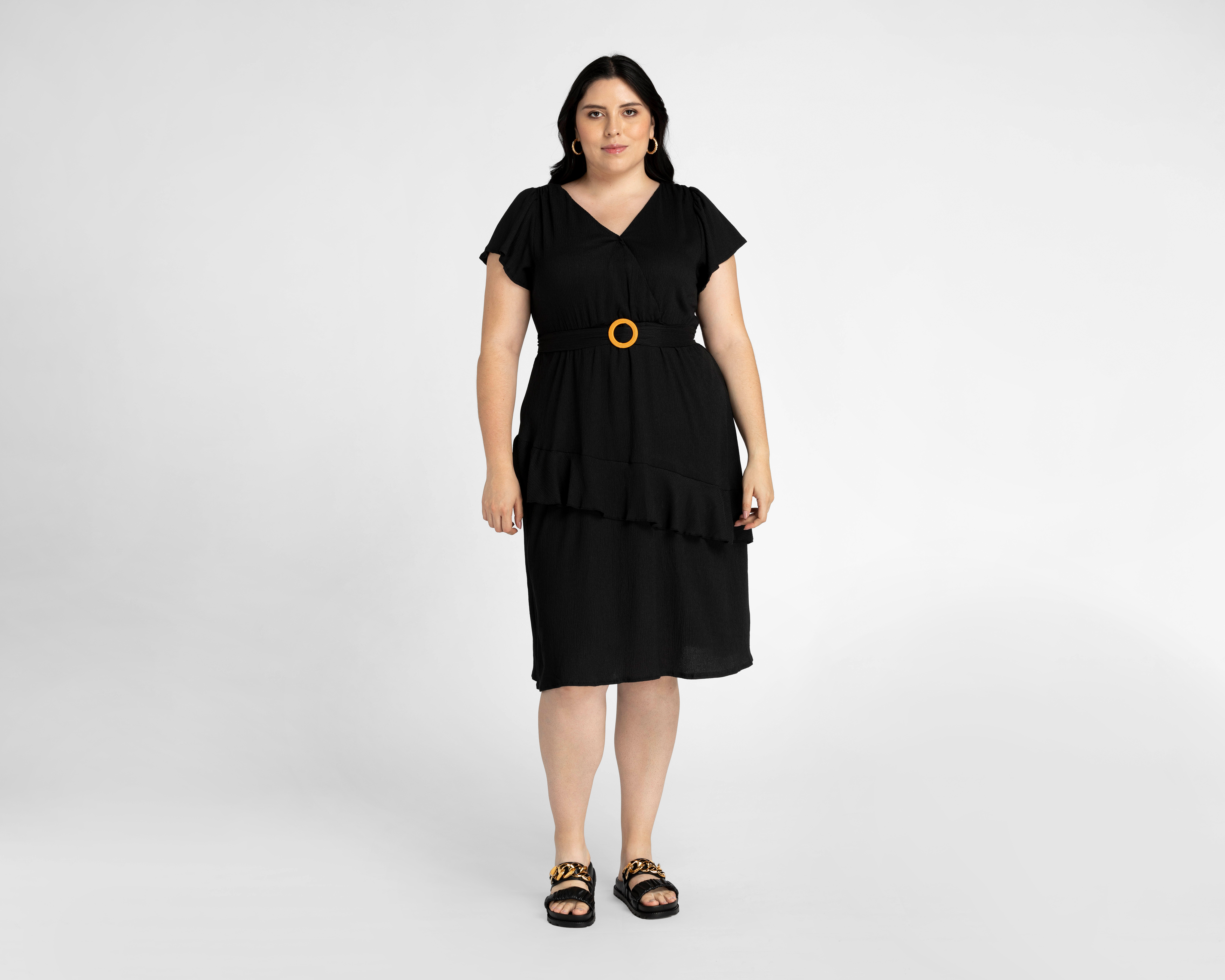 Vestido Sahara Casual Negro Escote Cruzado con Cinto