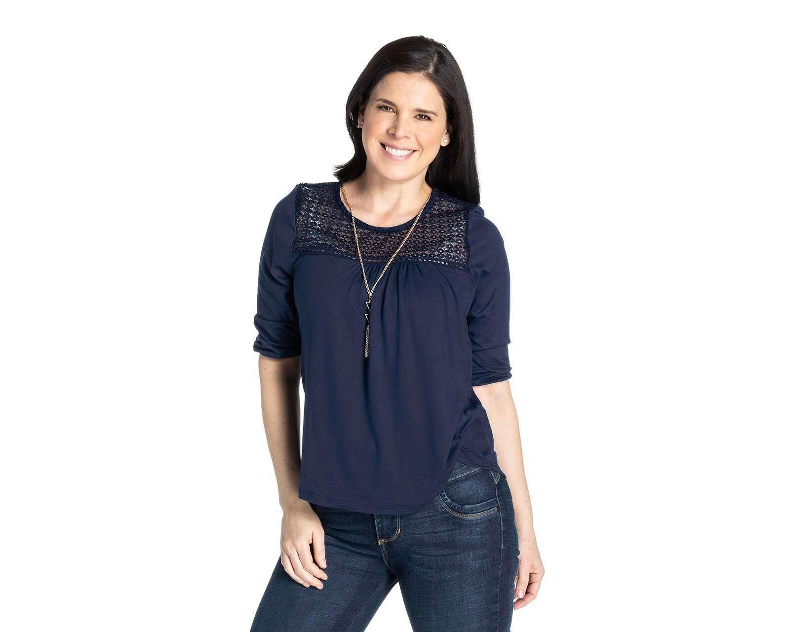 Playera Azul Manga 3/4 Lady Sun con Collar Plateado