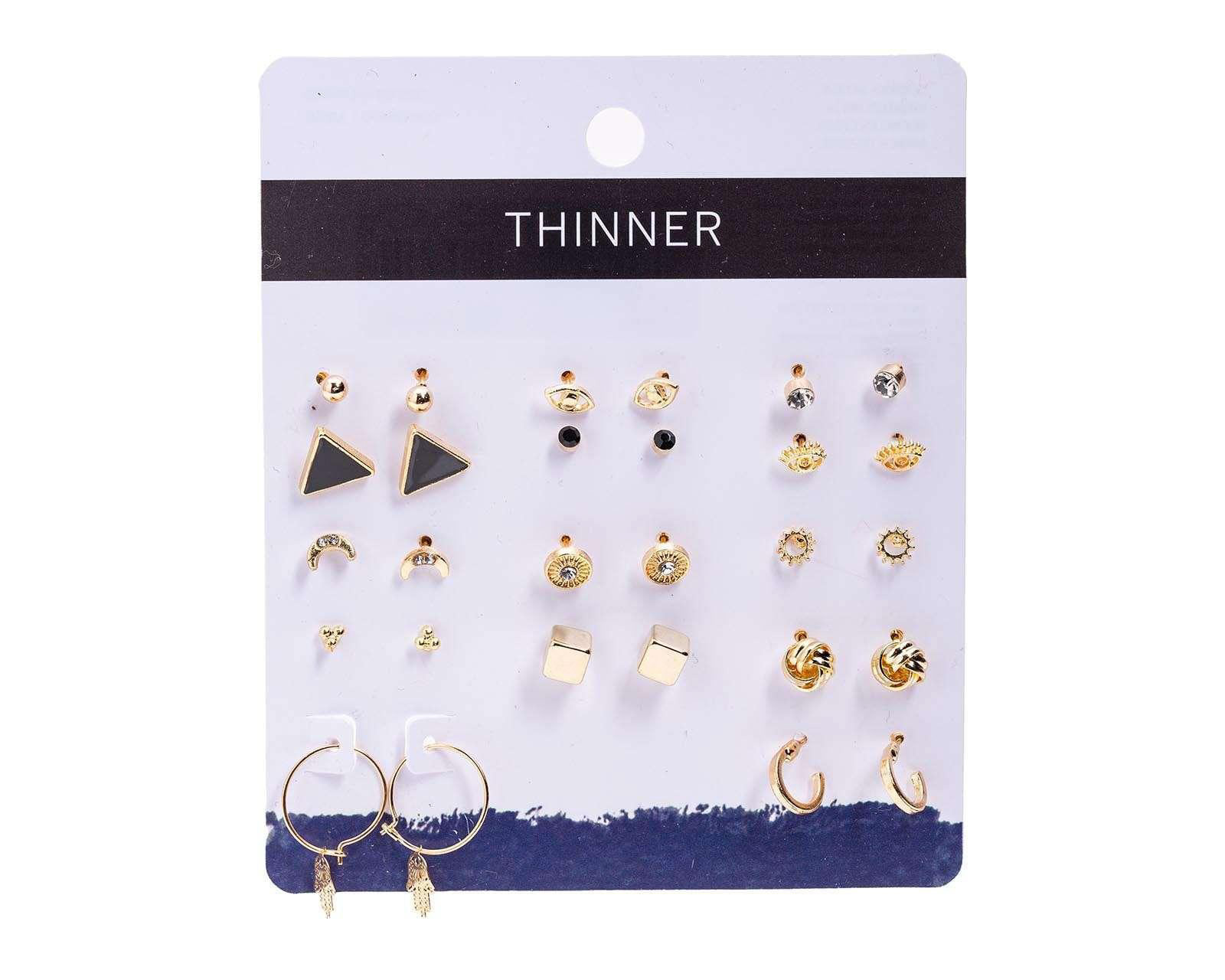 Aretes y Arracadas Thinner con Piedras Dorado 14 Pares