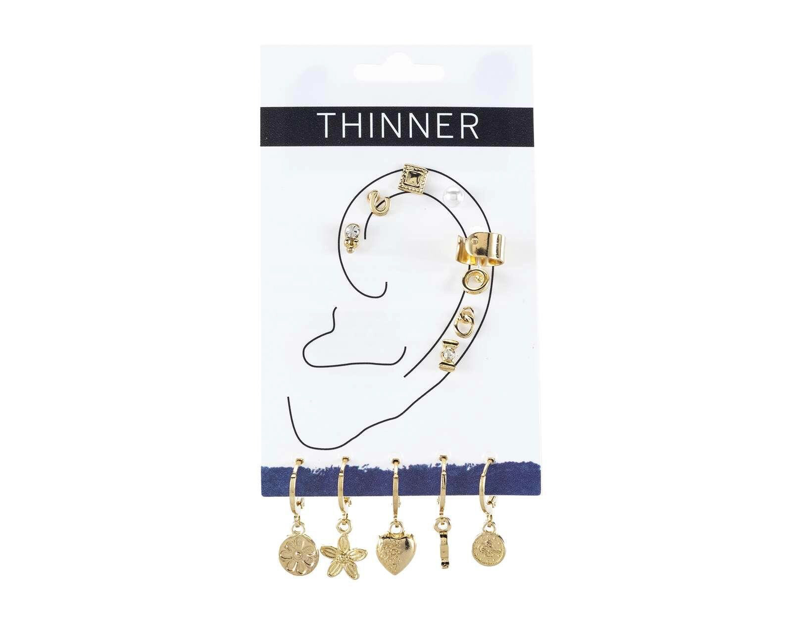 Aretes Thinner Flor y Corazón Dorado 12 Piezas