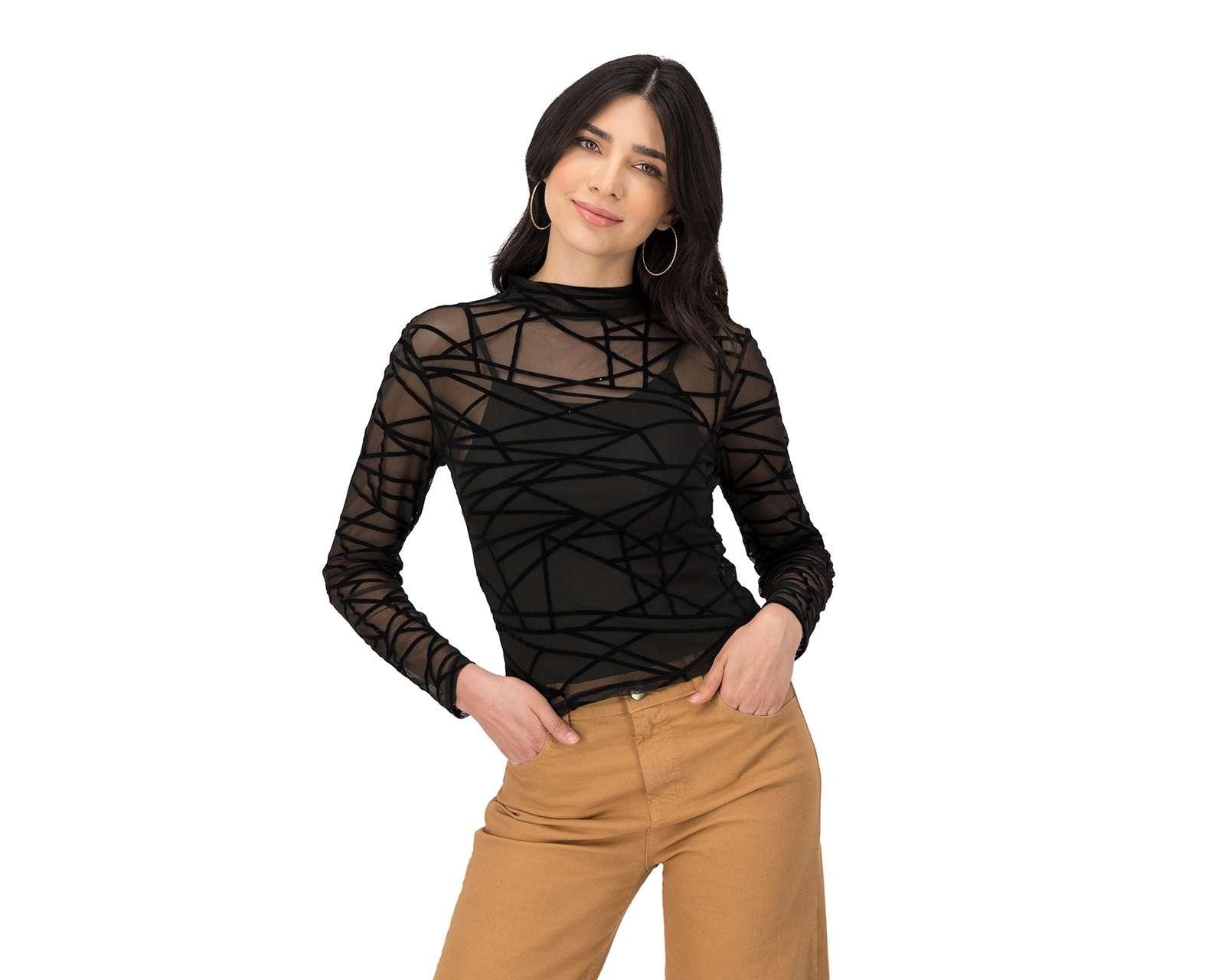 Foto 3 pulgar | Foto 2 | Blusa Jennifer Lopez Manga Larga Cuello Mock