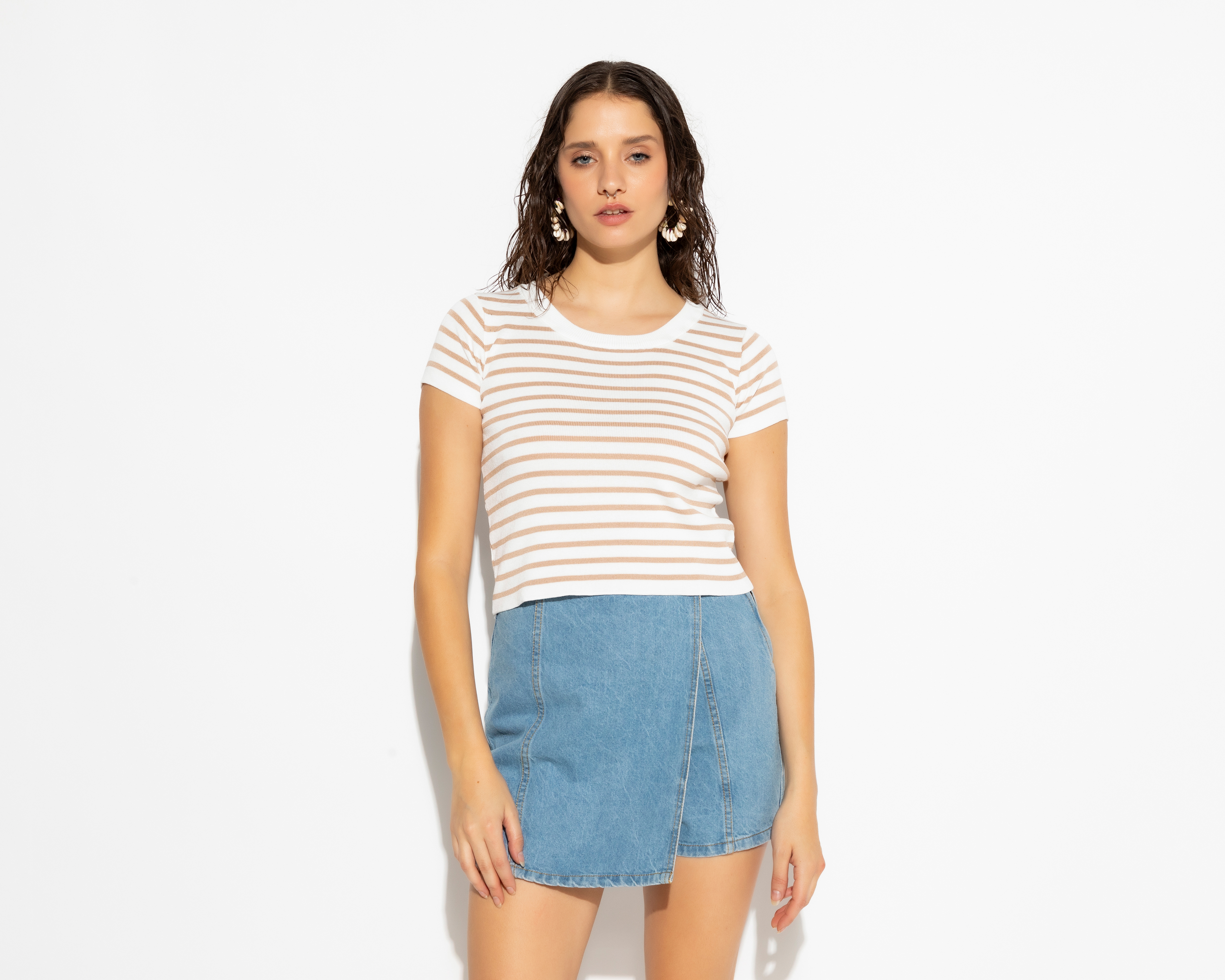 Foto 2 | Foto 2 | Playera Manga Corta Punto Rayas Beige Strona para Mujer