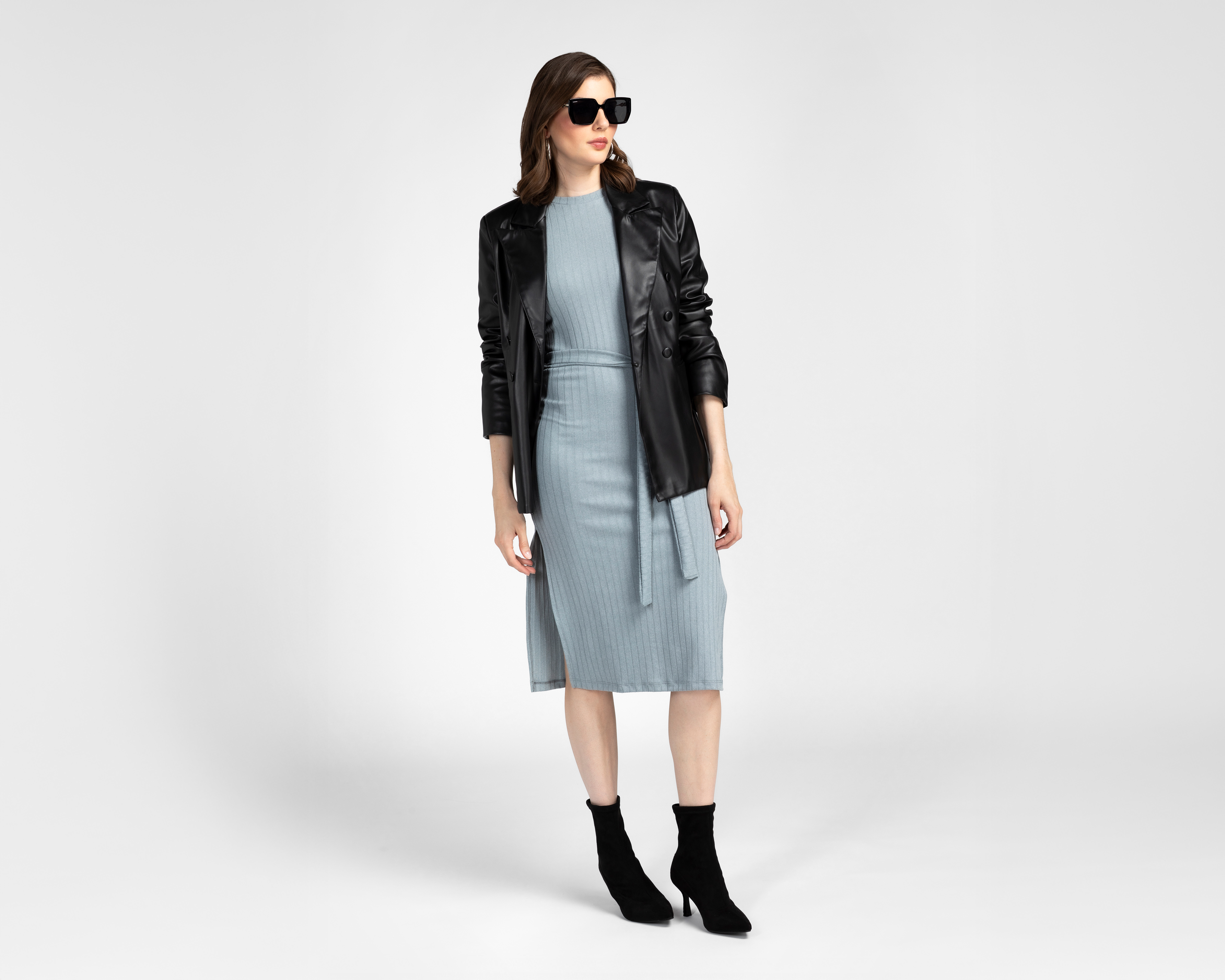 Foto 3 pulgar | Foto 2 | Vestido Casual Sahara Manga Larga Gris Midi para Mujer