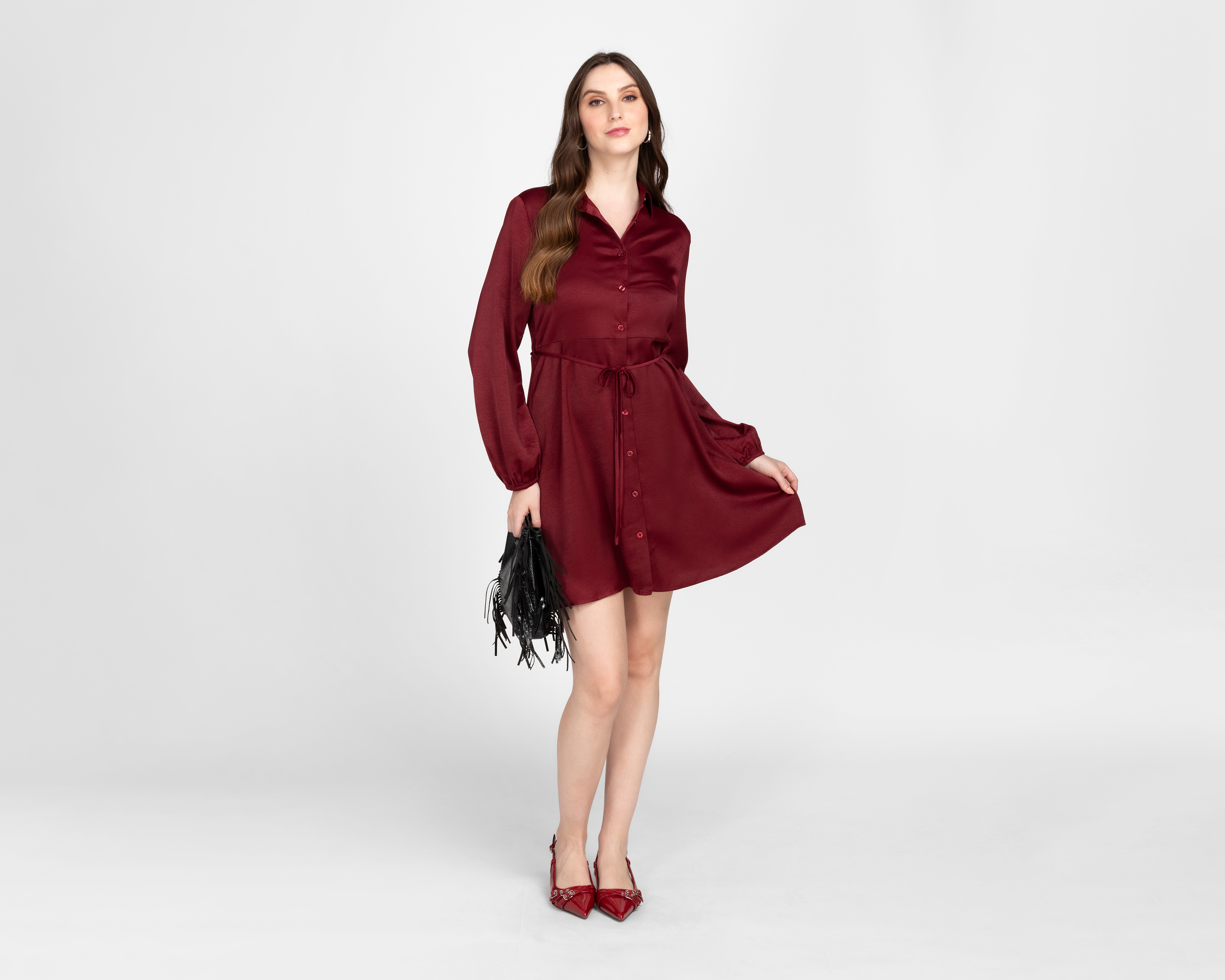 Foto 3 pulgar | Foto 2 | Vestido Casual Sahara Tinto Manga Larga de Botones