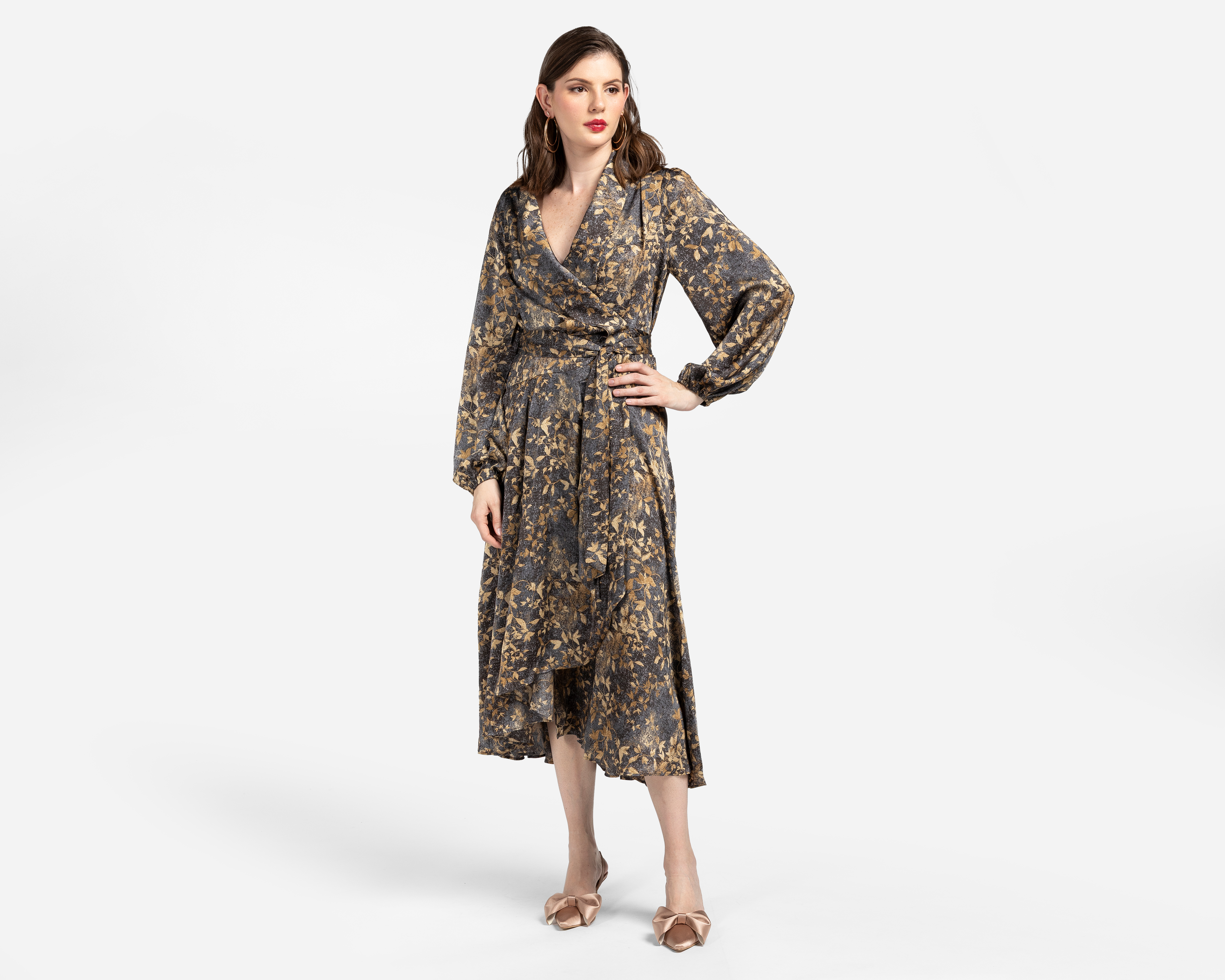 Vestido de Coctel Sahara Floral Manga Larga con Escote V para Mujer