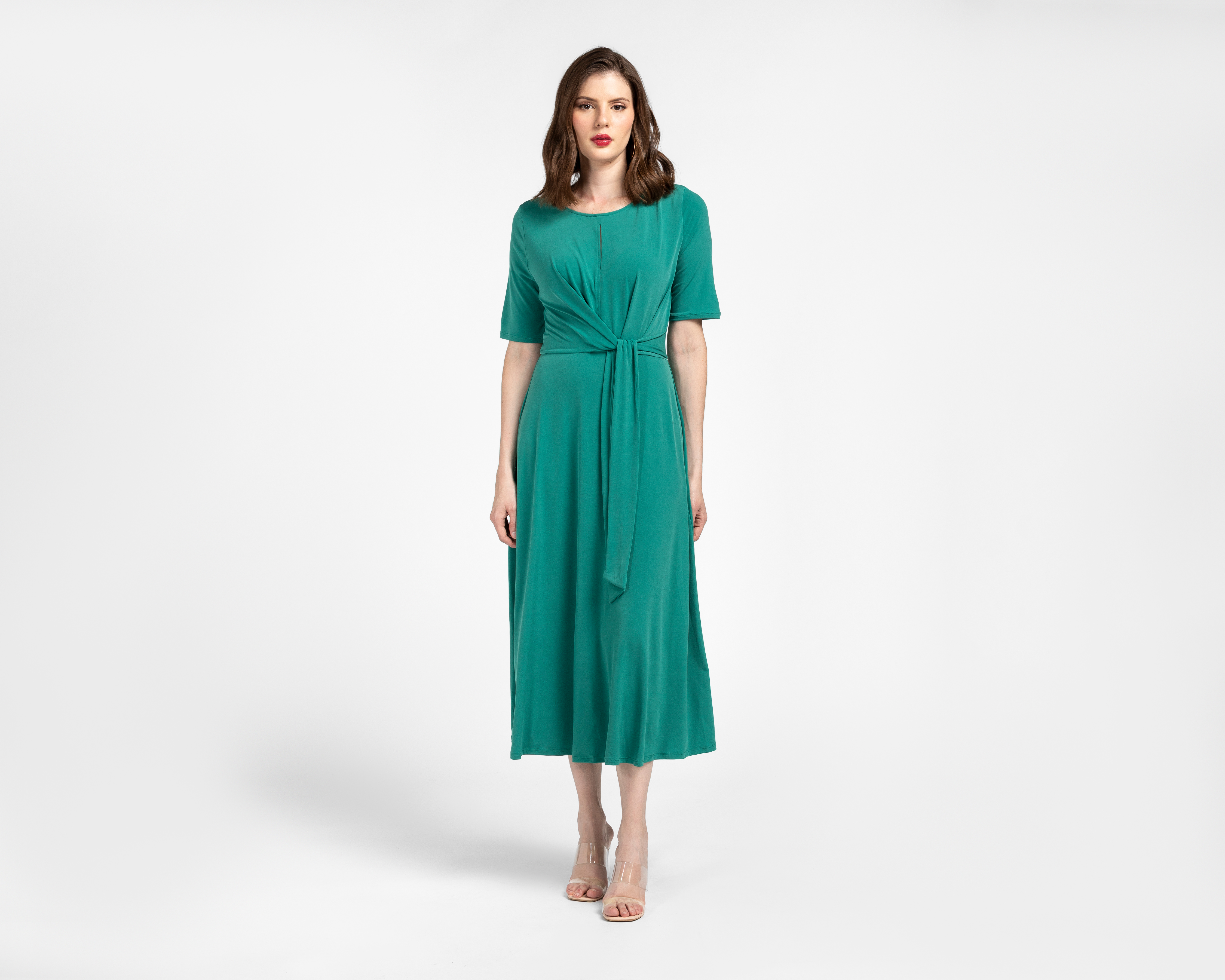 Foto 2 pulgar | Foto 1 | Vestido Coctel Sahara Verde con Lazo Manga Corta para Mujer